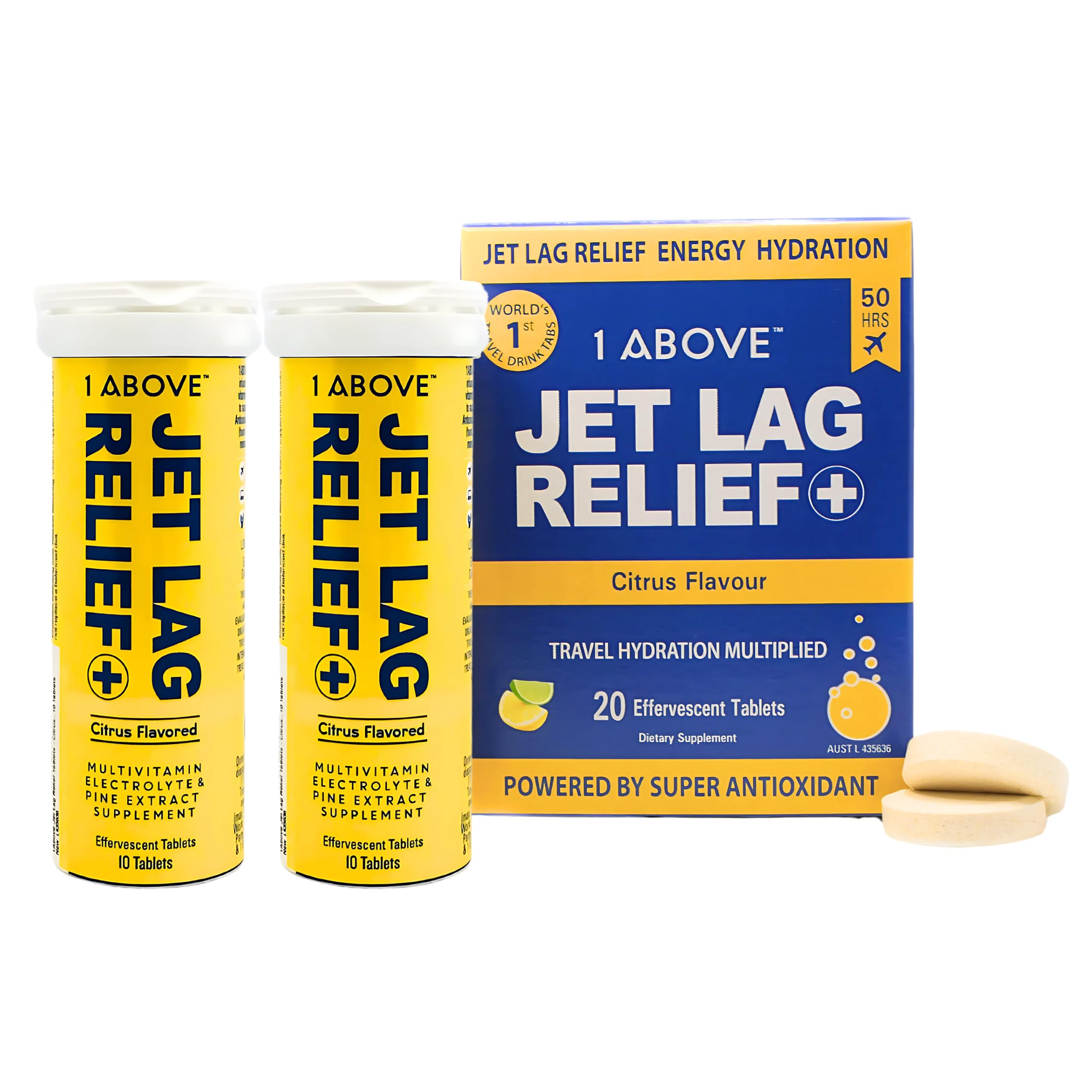 Jet Lag Relief Tablets - Citrus-Flavored Effervescent Multivitamin with Pycnogenol Travel Supplement for Hydration, Energy, Immune Support and Faster Recovery - Flight Essential, 20 Tablets