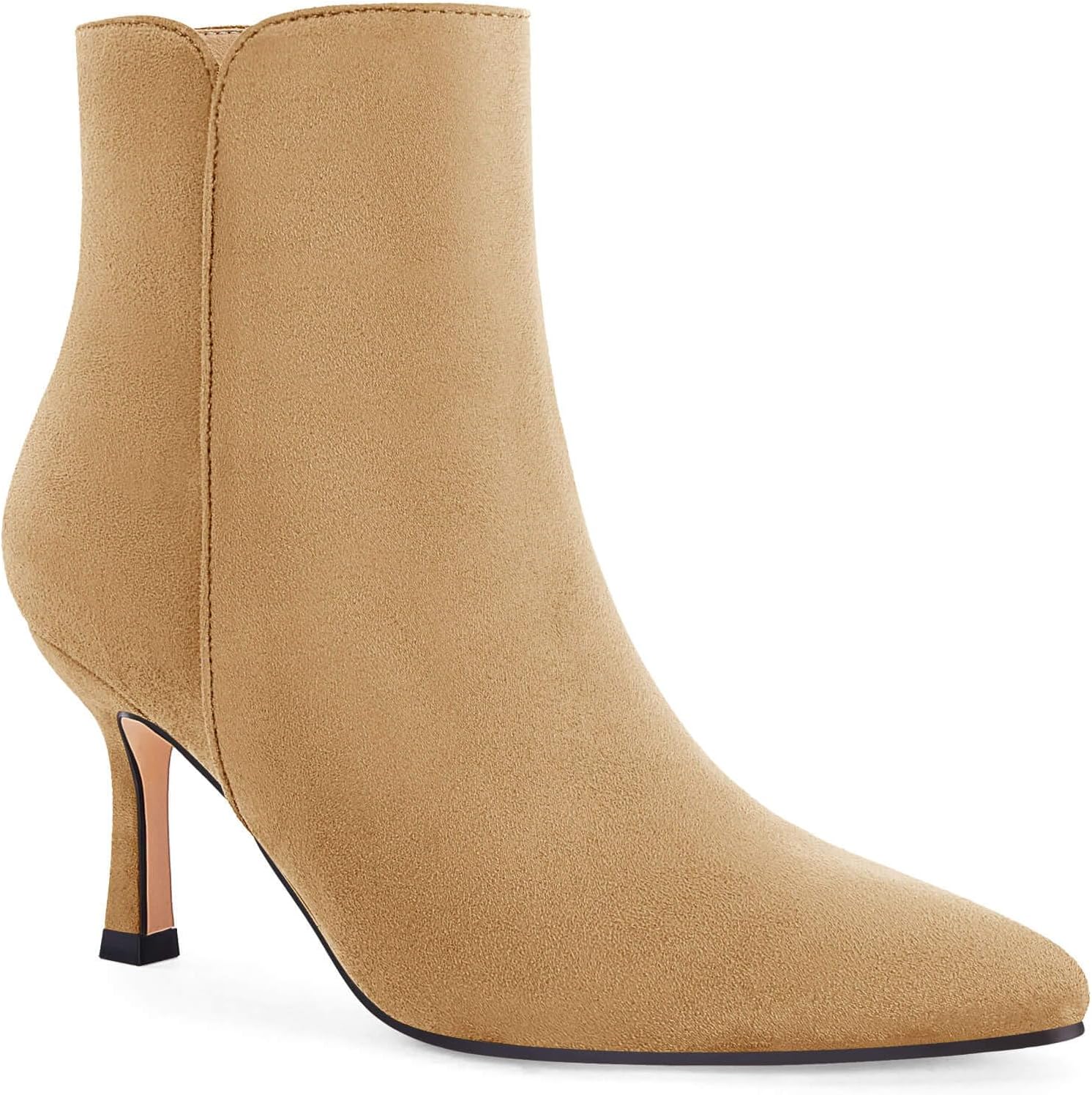 Coutgo Women's Kitten Heel Booties Pointed Toe Low Stiletto Side Zipper Ankle Boots Shoes