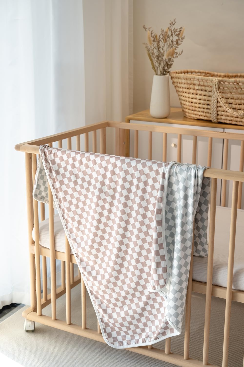 Little Jump 2- Layers Jersey Knitted Swaddle Blanket, Premium Baby Blanket,Soft Stretchy Quilt for Babies, Toddlers, Kids (Coffee & sage cherckered) - Image 7