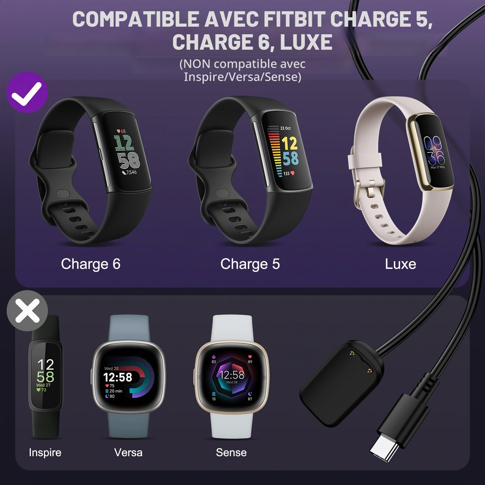 Câble de Charge USB C Compatible avec Fitbit Charge 6/Charge 5/Luxe, 1 PCS | 1Mètre Câble de Chargement Magnétique pour Fitbit Charge 6 Charge 5 Smartwatch avec Adaptateur Type C vers USB A