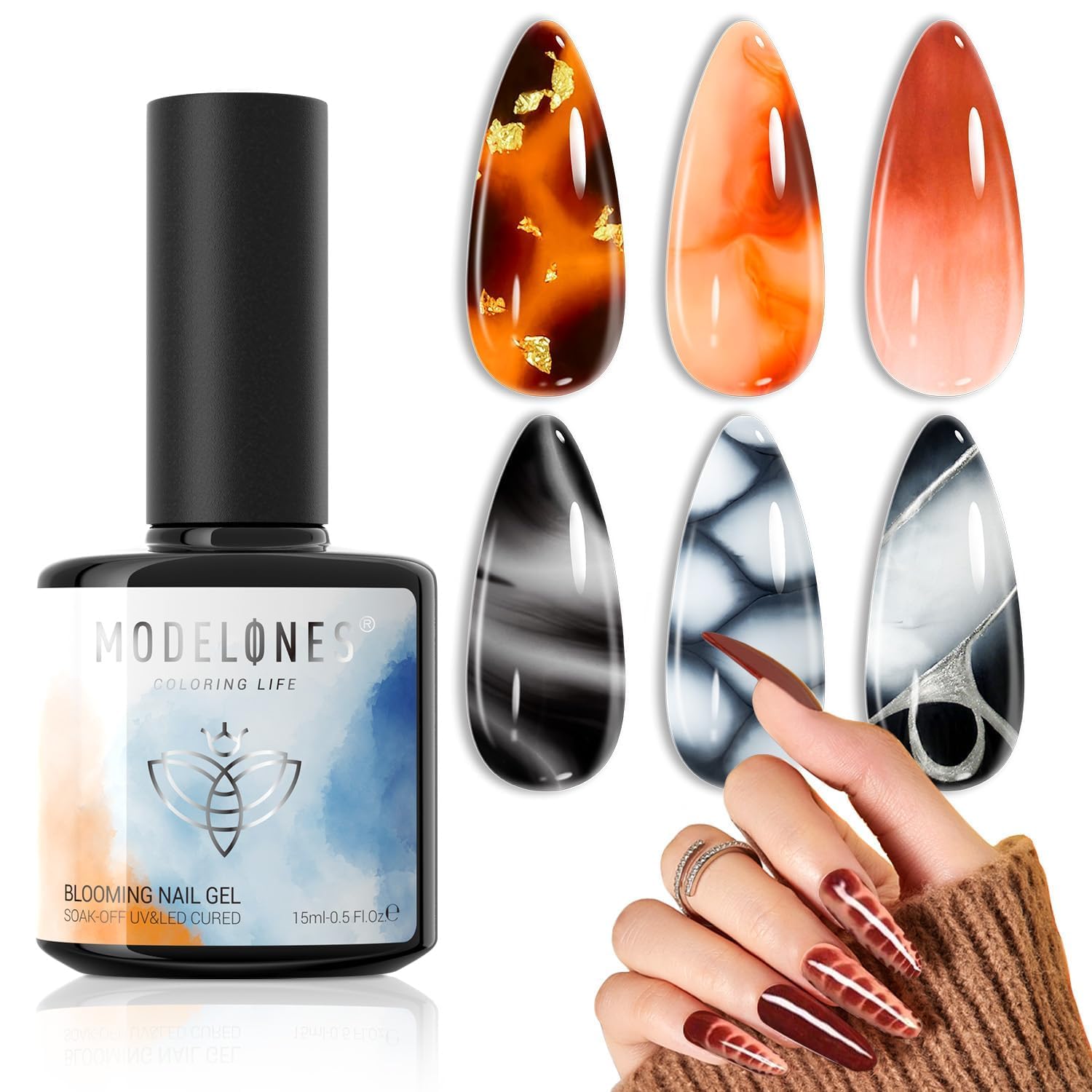 Modelones Blooming Gel Lakier do paznokci, 15 ml, manicure, marmuru, akwareli, żelowego lakieru do paznokci