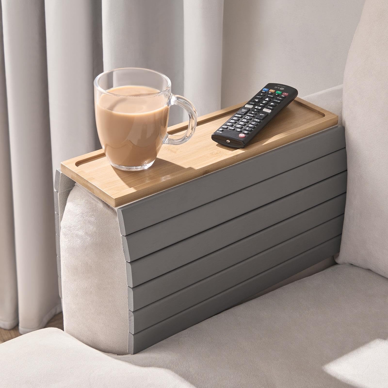 Ohs Natural, Grey Sofa Arm Tray, Foldable Armchair Tray Bamboo Wooden Sofa Trays Organizer For Drinks Snack Magazine And Remote Square Couch Protector Armrest Trays With Non-Slip Backing, Natural/Grey