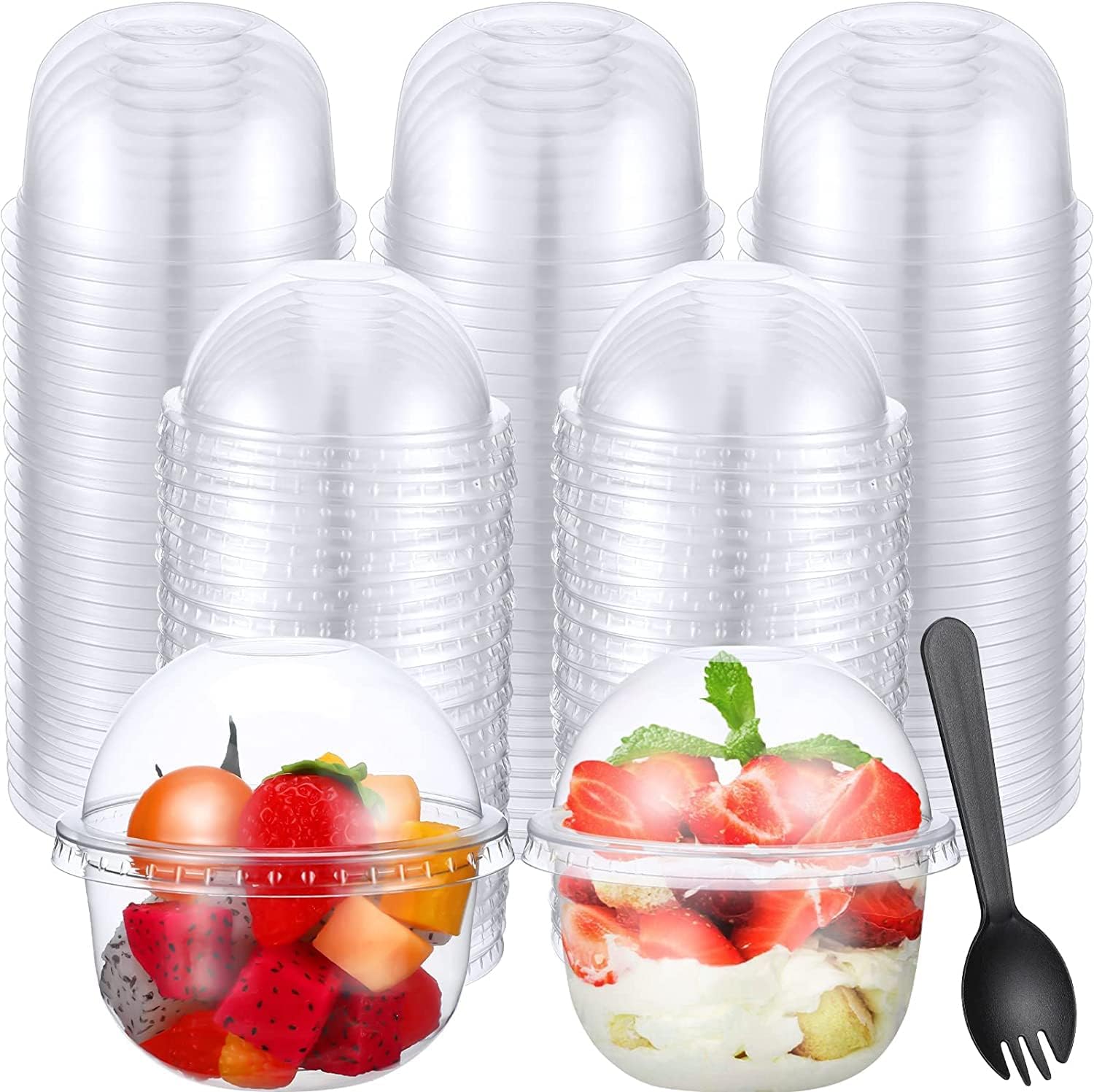 MIVIDE 100 vasos de postre con tapa, 250 ml/9oz vasos de postre de plástico, tazas de postre con tapa para mousse, pudín, helado, fiesta de postre, bodas
