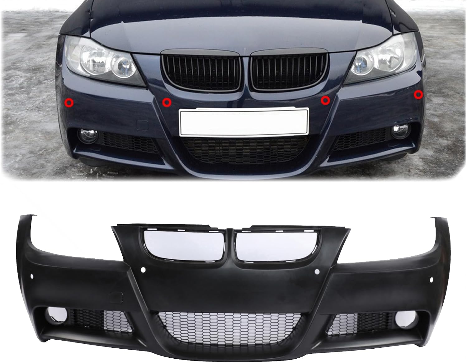 PENSUN Front Bumper M-Tech Style for 2005-2008 BMW E90 E91 4Dr 3-Series, with Fog Lights Hole, without Sensor Hole