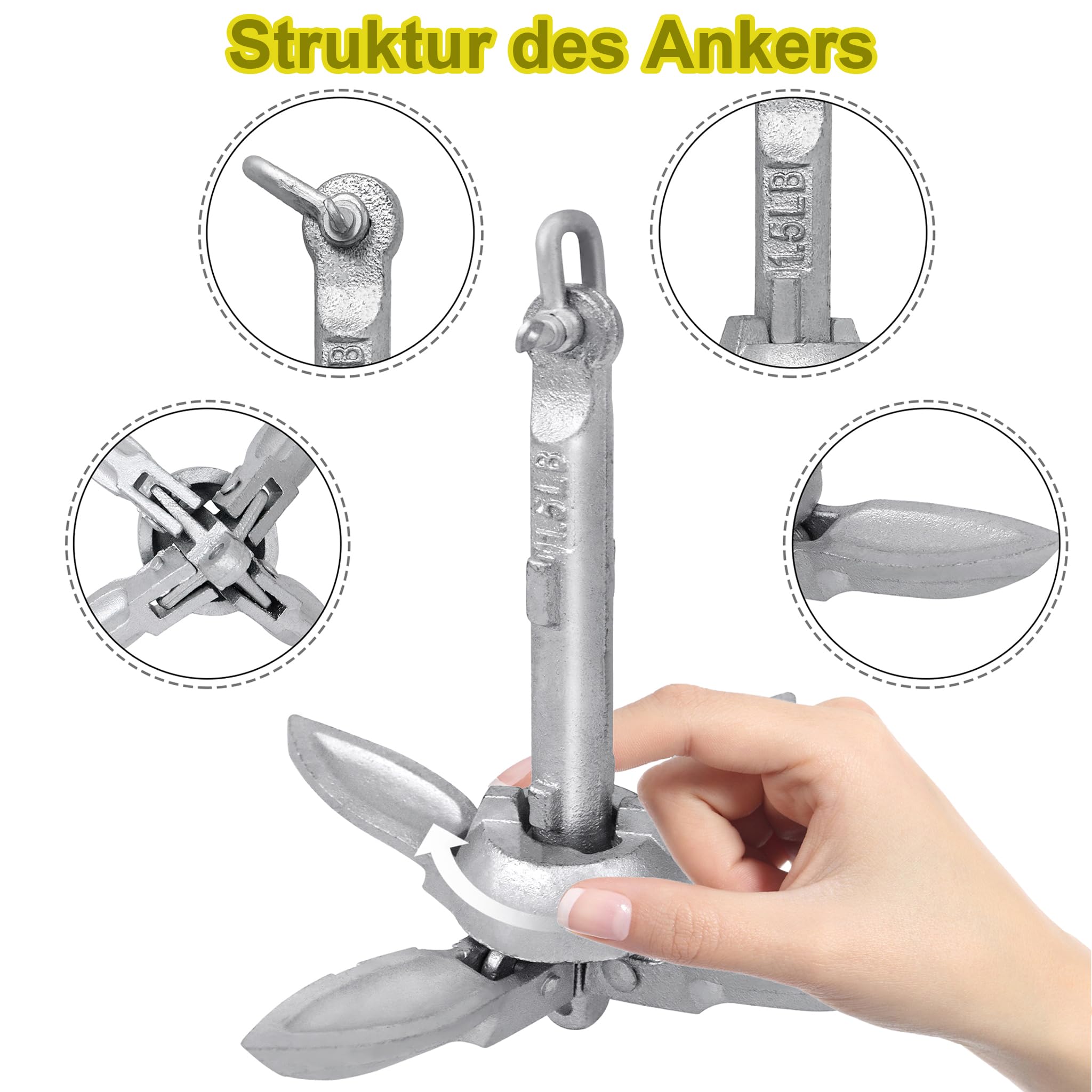 Faltanker Bootsanker aus verzinktem Stahl 0,7/1,5 kg, Klappanker für Boot, Schlauchboot, Kajak & SUP mit 10 m Ankerschleppseil, Wurfanker & Bootszubehör