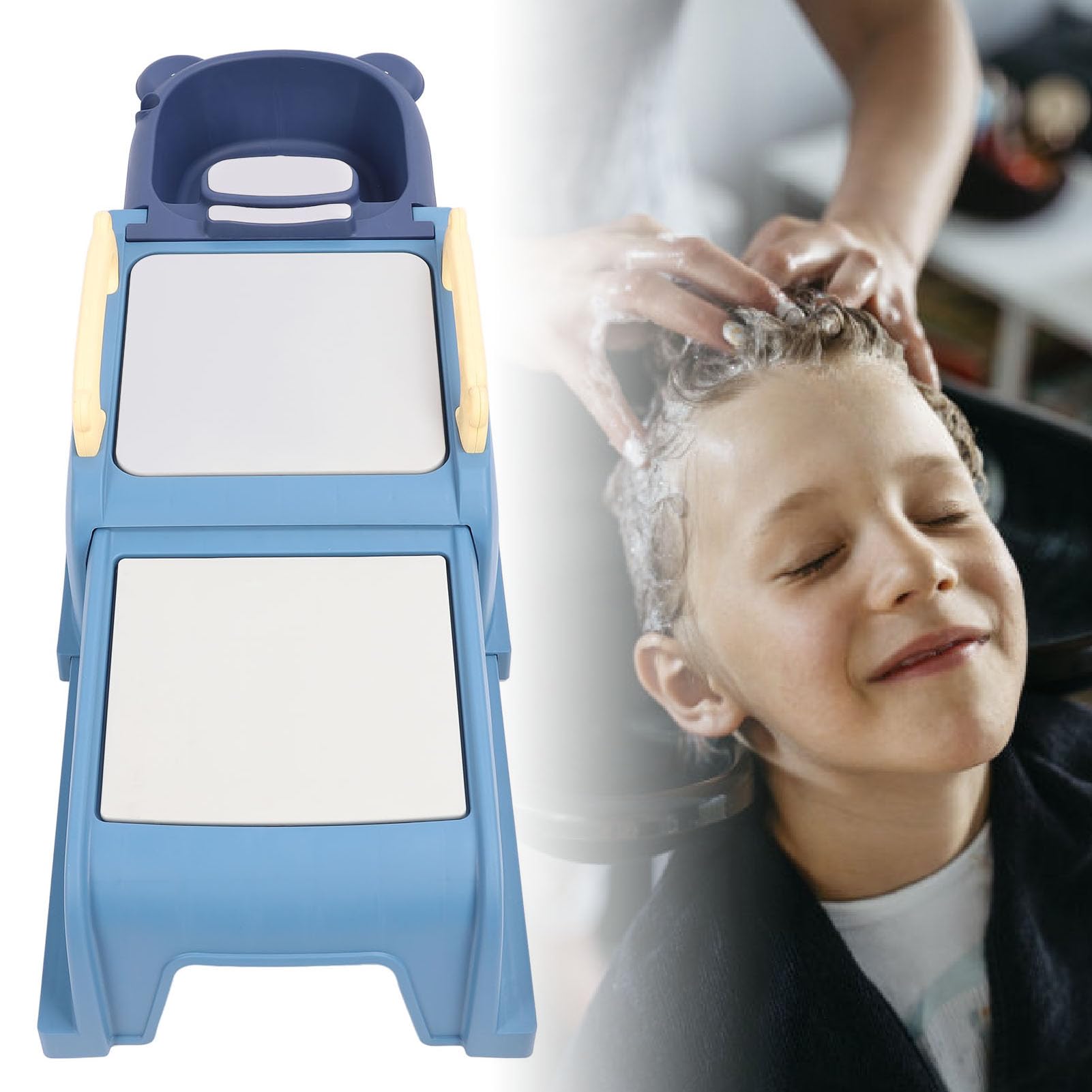 Einziehbarer Shampoo-Stuhl für Kinder, Haarwaschstation für Kleinkinder mit weichen, gepolsterten Armlehnen und Kopfkissen, rutschfeste Baby-Shampoowanne mit Abflussrohr für (Blau)