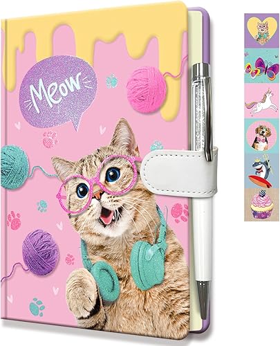 Diario de gato para niñas con cierre magnético, lindo diario para niños, con bolígrafo y 192 páginas rayadas para escribir, juego de regalo para