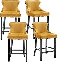 Vista 23 de Rhomtree Taburetes de bar tapizados de terciopelo modernos de 27 pulgadas con patas de madera, botón acolchonado, cabeza de clavo cromada, taburetes