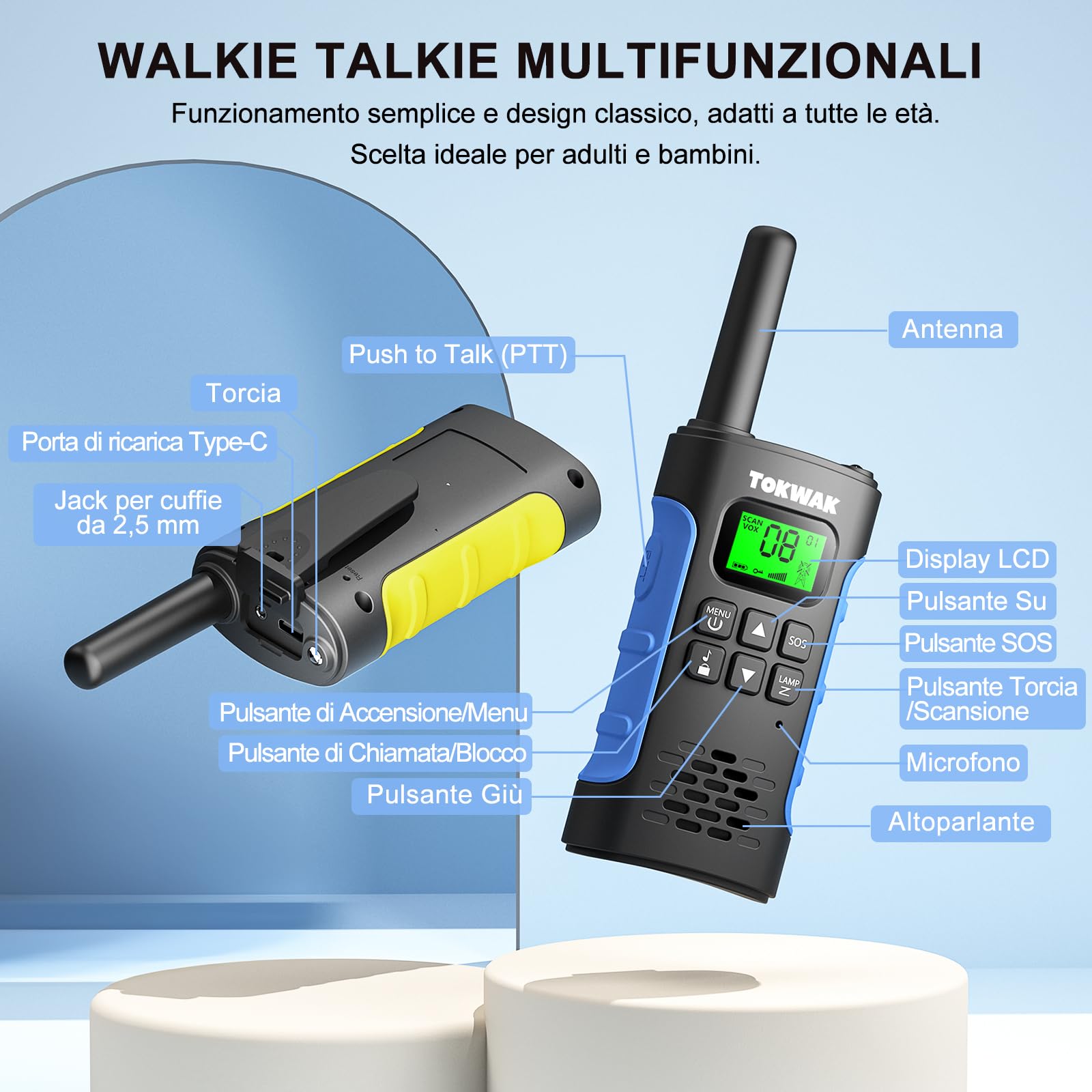 4 Pezzi Walkie Talkie Ricaricabile con Batteria, Walkie-Talkies per Bambini e Adulti, 16 Canali Lungo Raggio Walkie Talkie con Torcia Funzione VOX, Walki Talki per Campeggio Escursioni