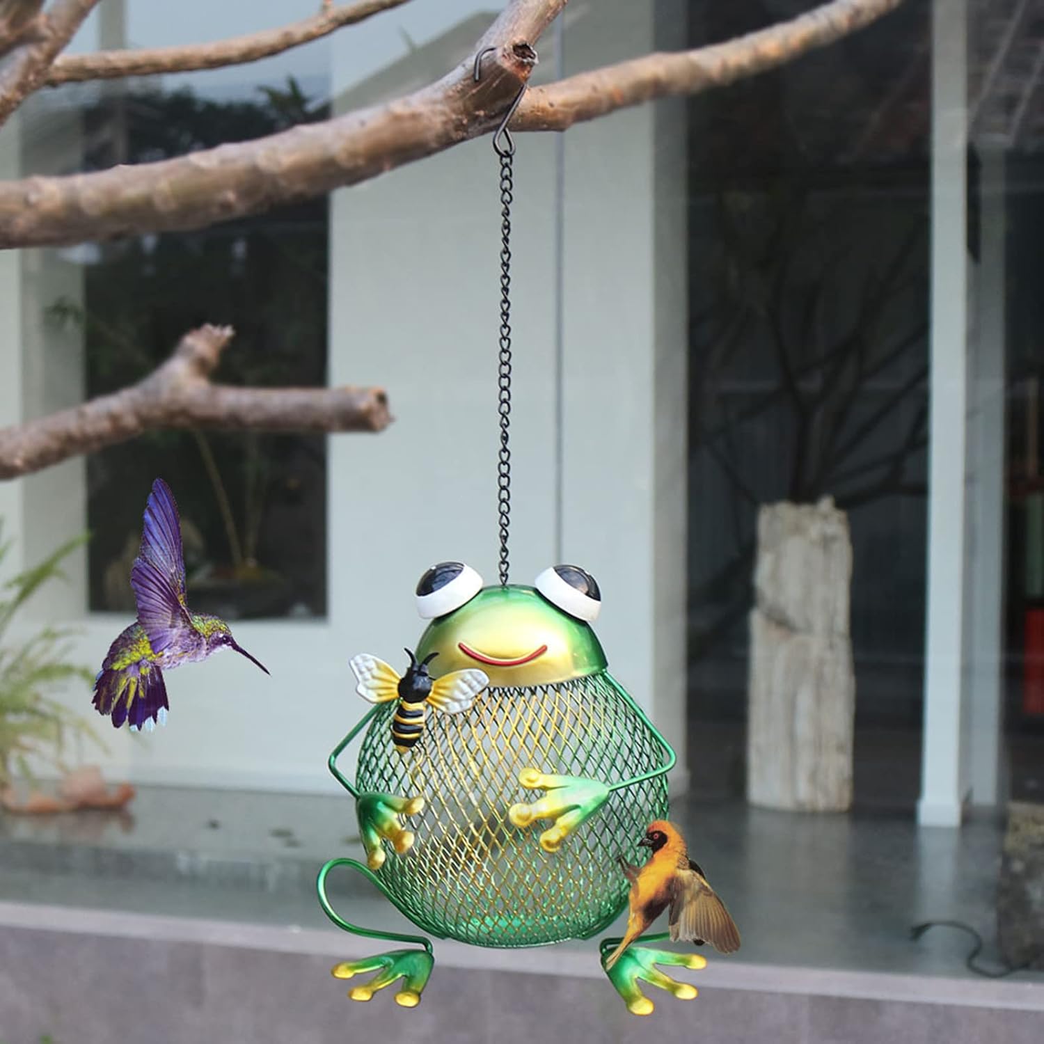 Wrought Iron Bird Feeder for Outdoor Hanging Metal Frog
