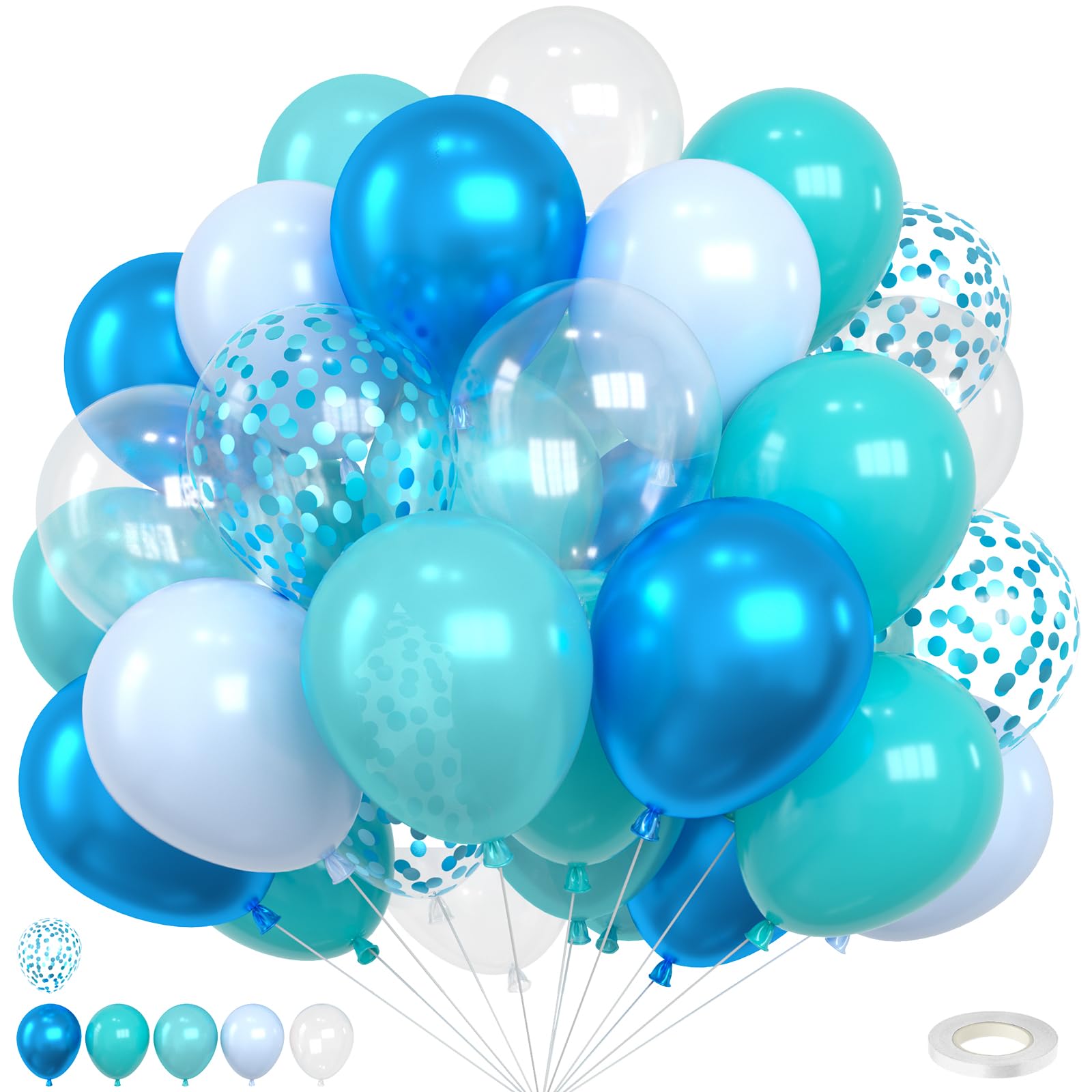 Ocean Balloons,12 Inch Teal Blue Pearl Blue Metallic Blue Clear Balloons and Confetti Balloon with Ribbon for Sea Themed Pool Birthday Baby Shower