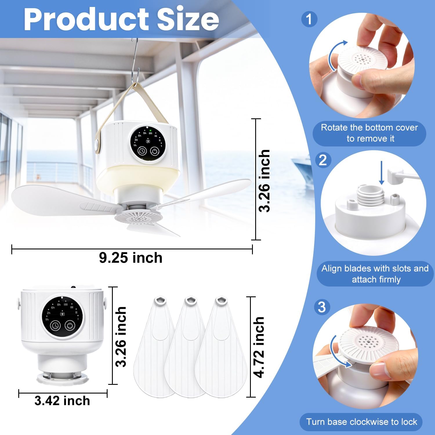 Magnetic Cruise Approved Fan 7200mAh Battery Cruise Ceiling Fan with LED Hanging Ceiling Fan, Remote&Timer&4 Speeds, Portable Fan for Cruise Ship Cabin Ceilings, RV, Rooftop Tent,Travel,Camping