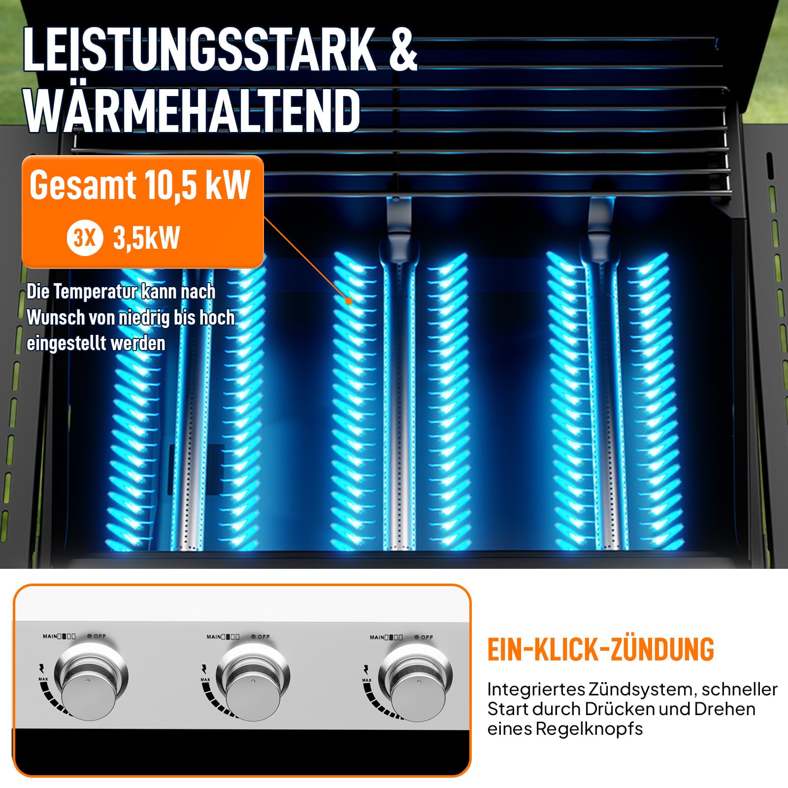 ROVSUN Gasgrill Camping mit 3 Brennern, Camping Gasgrill 10,5 kW, Grillwagen mit Deckel & 2 Seitenablagen, Gas Grill (3 Brennner, 117x40x140 cm)