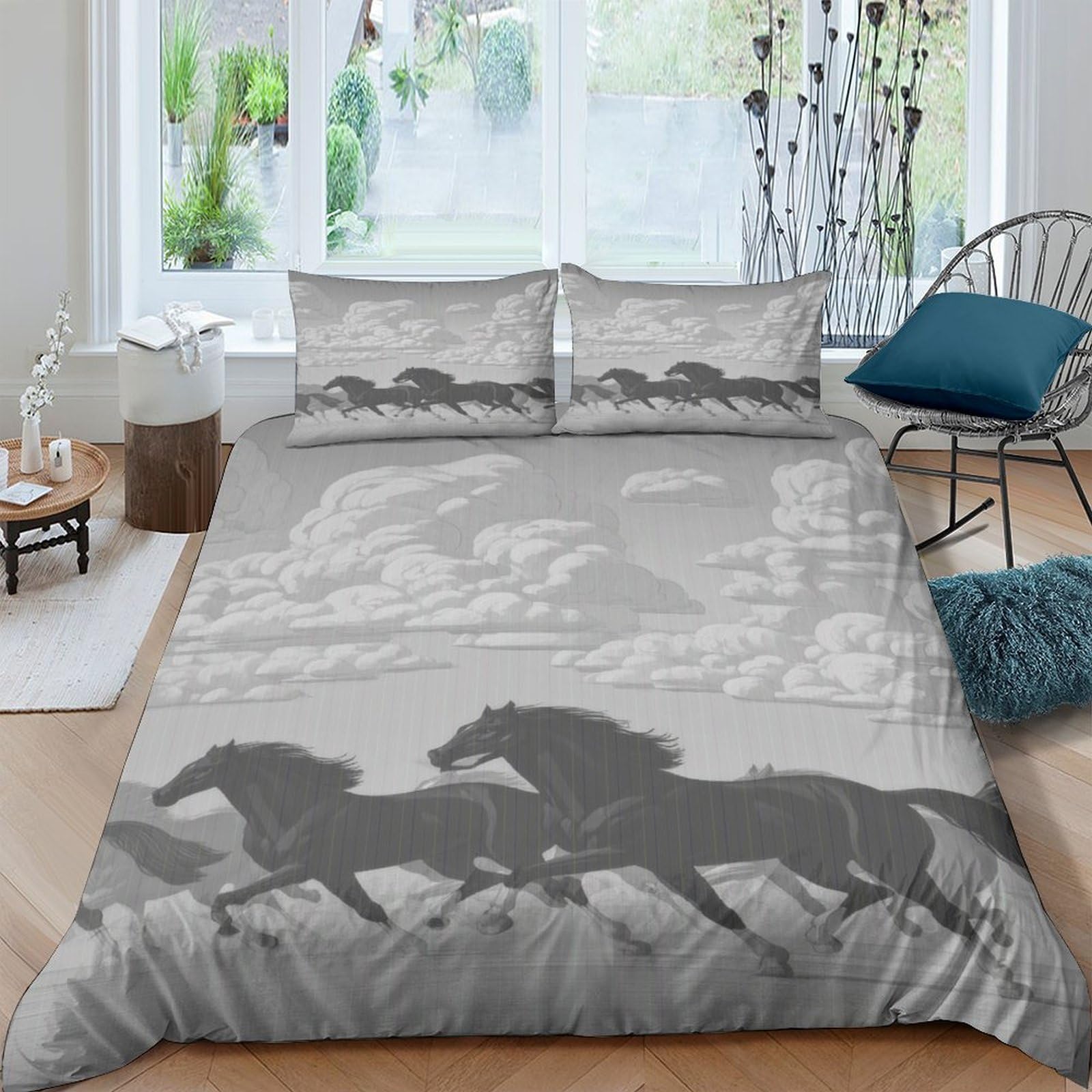 Ctjqhvkz Style-1 3D Printed Galloping Horse Fitted Sheet Microfiber Grey Bed Cover Nature Motif For Bedroom Guest Room Mattress Protection Single（135X200cm）