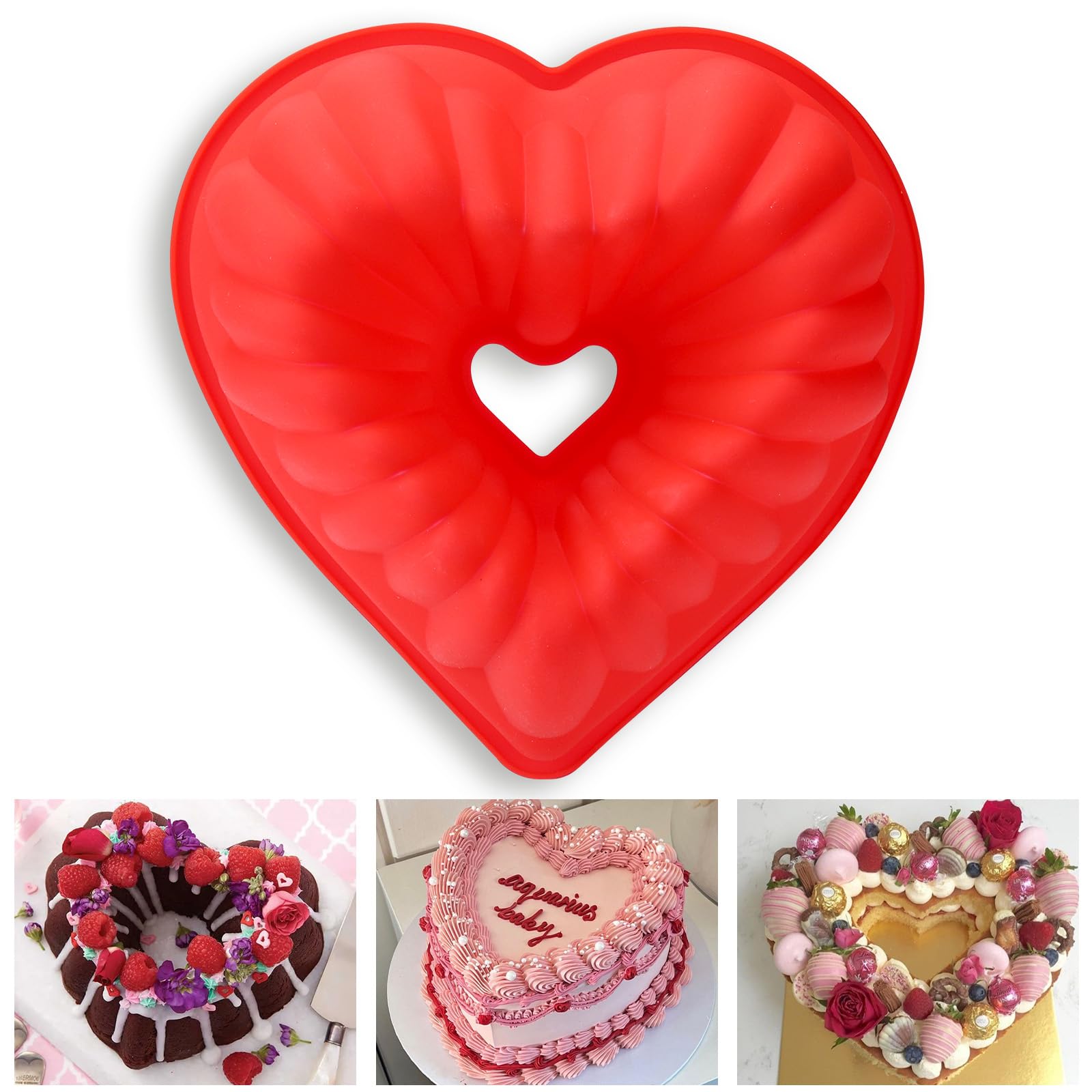 Palksky Heart Shaped Novelty Cake Pans, 9 Inch Heart Flut Cake Molds, Silicone Molds for Baking Cake Nonstick, Baking Pan for Valentine'S Day, Wedding