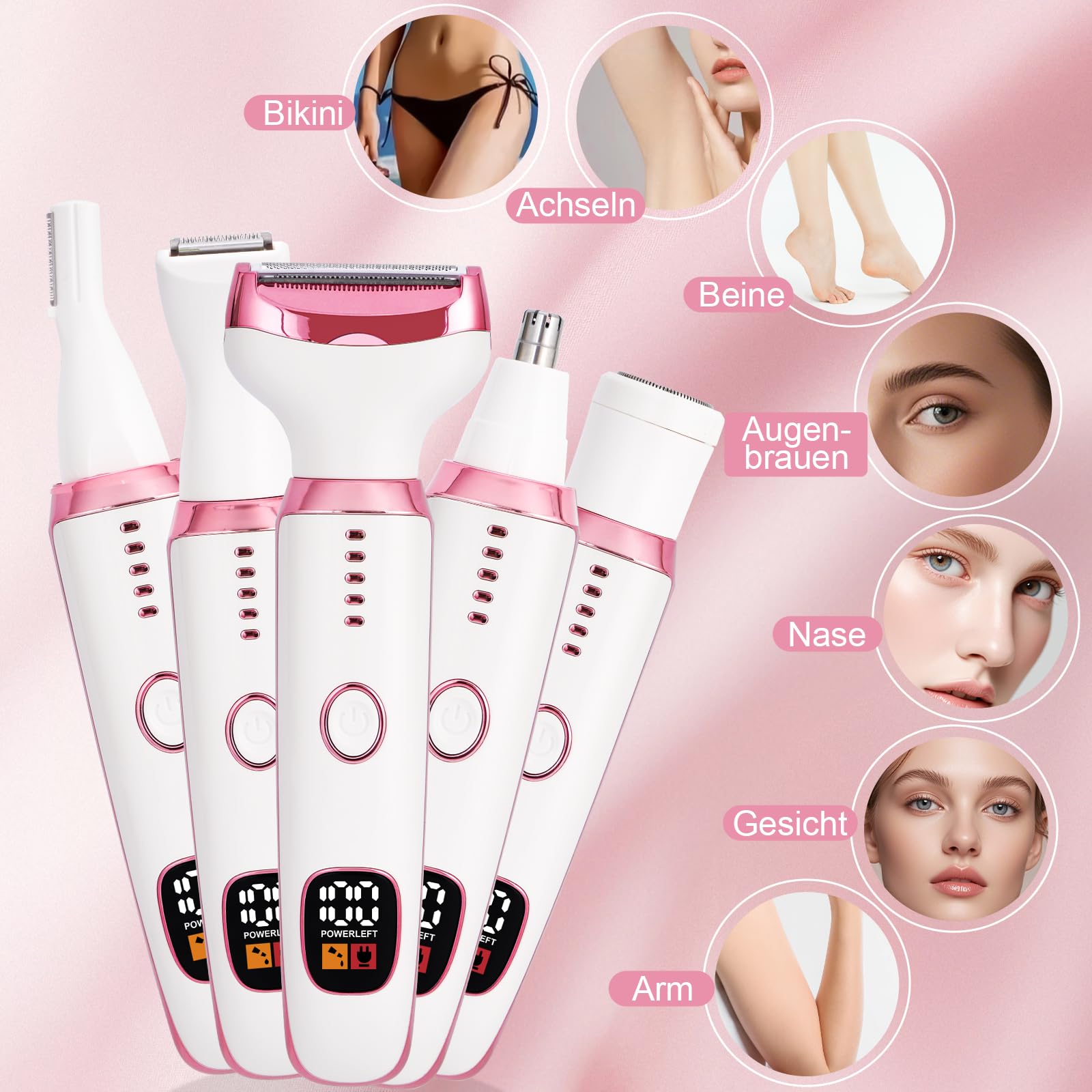 Rasoio Elettrico per le Donne, Rasoio Elettrico 5-in-1 per il Corpo, Rasoio Secco Bagnato Indolore per Bikini, Ascelle, Gambe, Sopracciglia e naso, Ricarica USB
