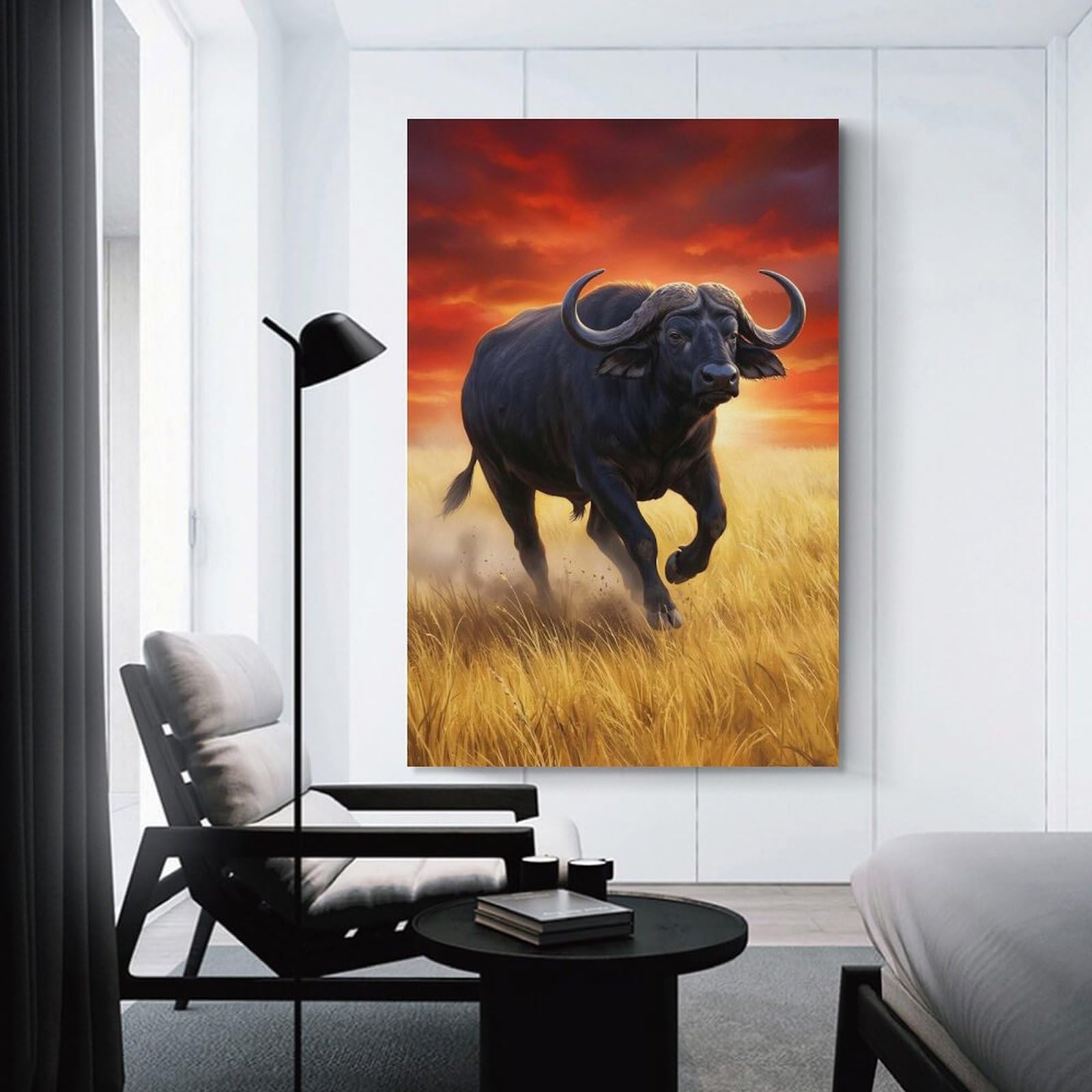 Junmoney Charging Buffalo in Golden Field Canvas Wall Decor, 12x18inch(30x45cm), for Office, Study Or Home Workspace, Wall Art That Adds Style to Work Areas