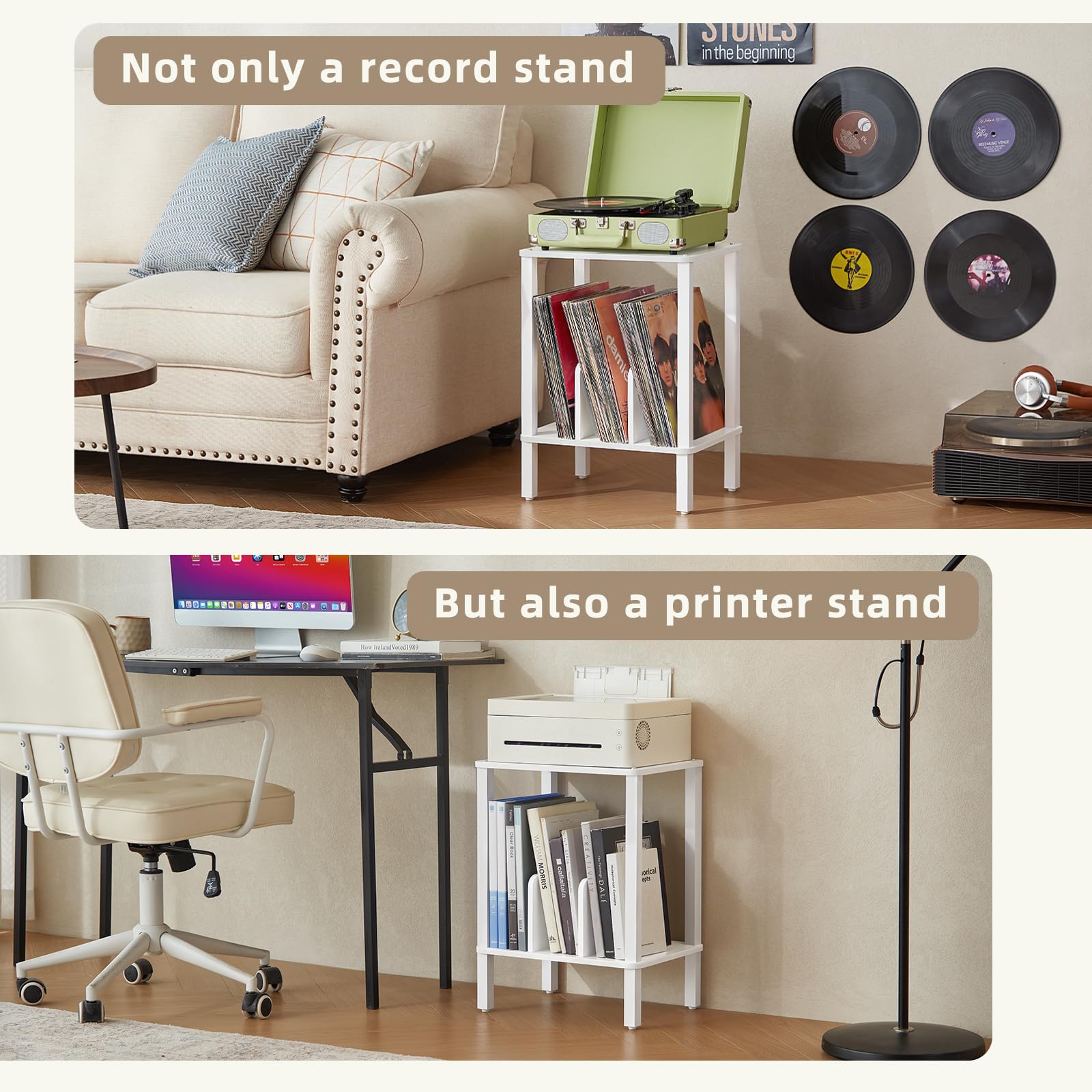 LELELINKY Supporto per giradischi in bambù a 2 livelli, con custodia per dischi vinile fino a 100 album, portadischi in stile boho per la camera da letto e tavolino multifunzione,Bianco