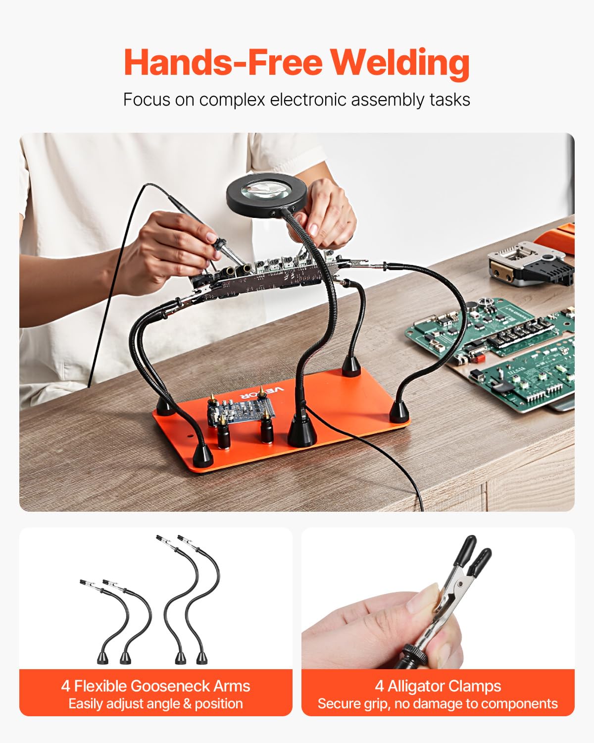 VEVOR Löthilfe Dritte Hand, Magnetische Lötstation, Lötwerkzeug mit 4 flexiblen Armen, mit LED-Vergrößerungslampe, 4 PCB-Säulenhaltern & Basis, für Reparaturen, Basteln, Hobby, Heimwerken