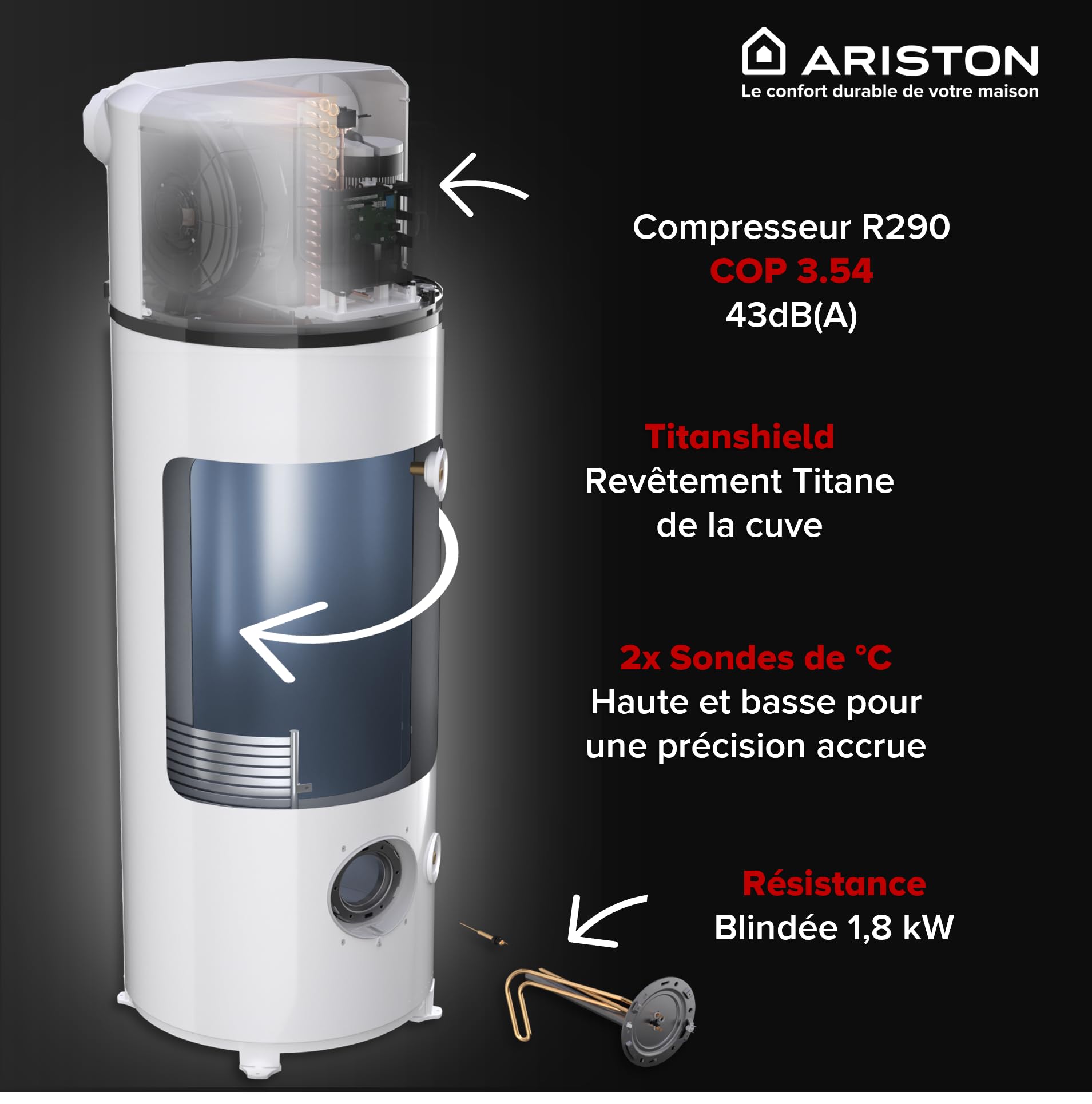 Ariston NUOS PLUS S2 WIFI 250L, Chauffe-eau Thermodynamique Gainable A+, 80% d'Économie, COP 3.54 à 7°C, ACI Cuve Titane, Made in France