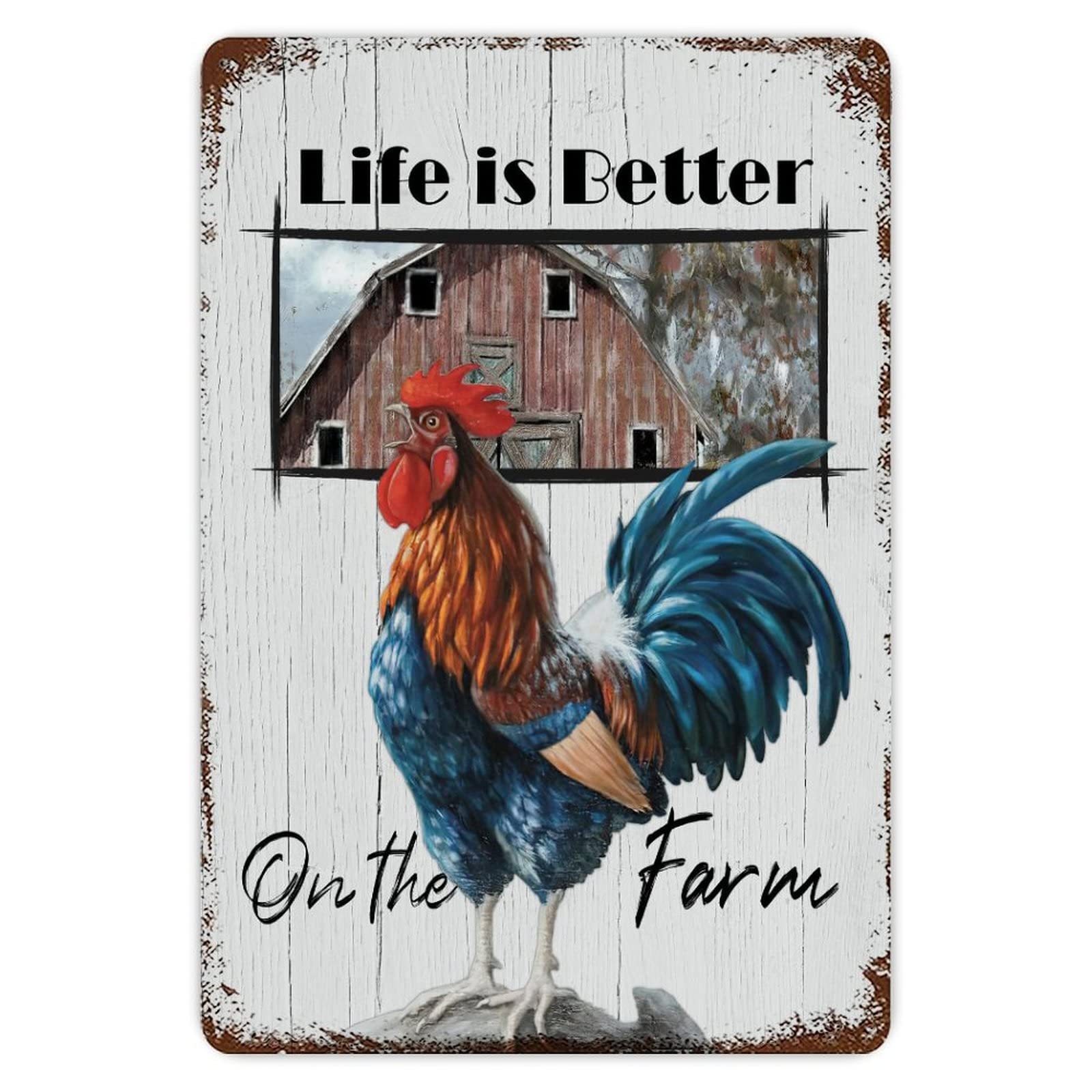 Rustic Aluminum Sign Farmhouse Rooster Sign Life Is Better at The Farm Tin Metal Sign Retro Home Kitchen Room Wall Door Hanger Decor Sign 8x12 inch