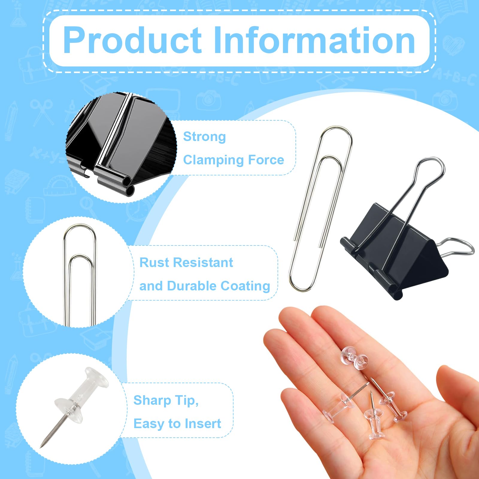 Paper Clips and Binder Clips Assorted Sizes, 240 PCS Colored Office Clips Set Large Medium Small Paper Clamps Paperclips Push Pin Thumb Tacks, College Supplies Home Office Supplies Document Organizing