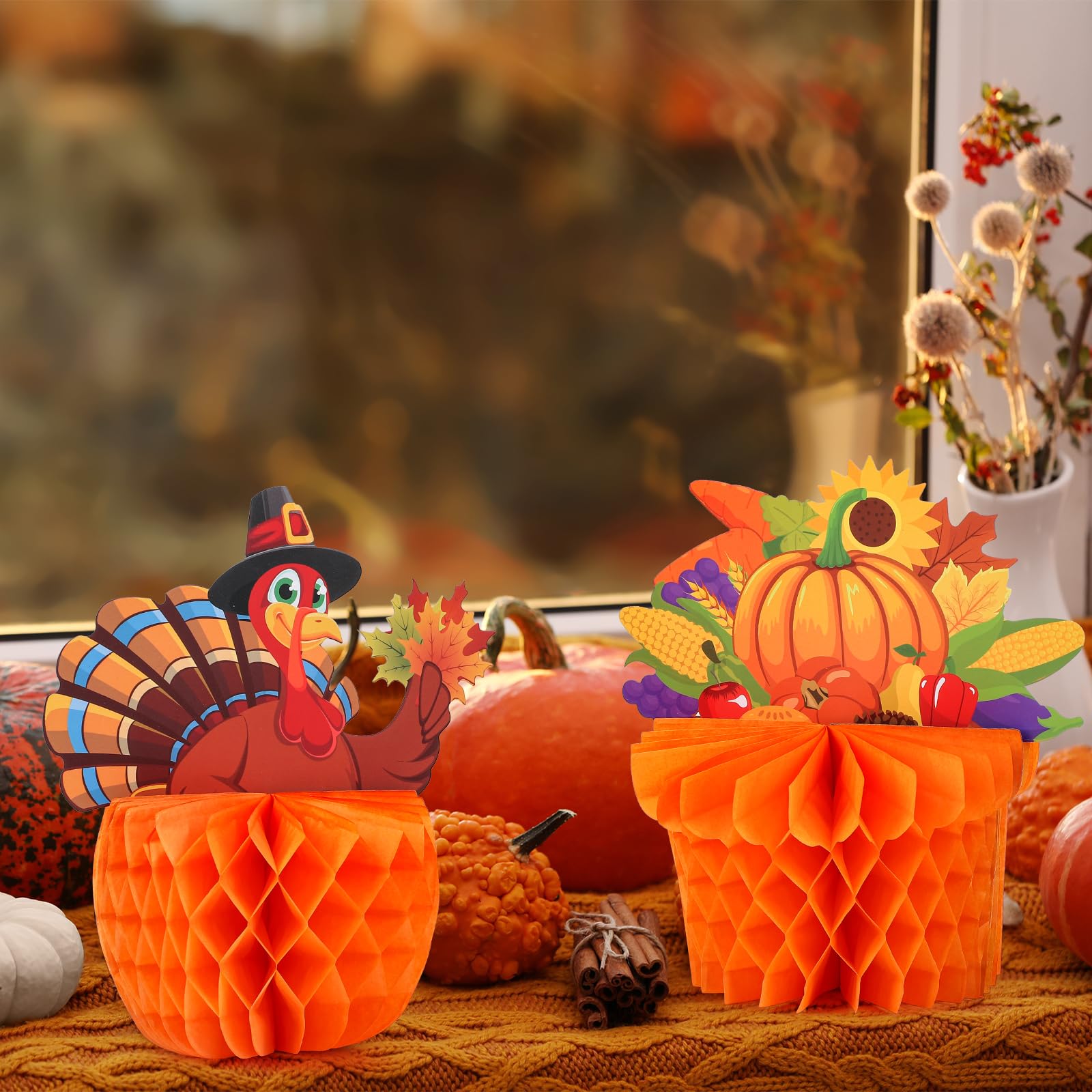 4-Pack Large Thanksgiving Honeycomb Centerpieces - Turkey & Pumpkin Standing Decor For Fall Harvest Tables - View #2