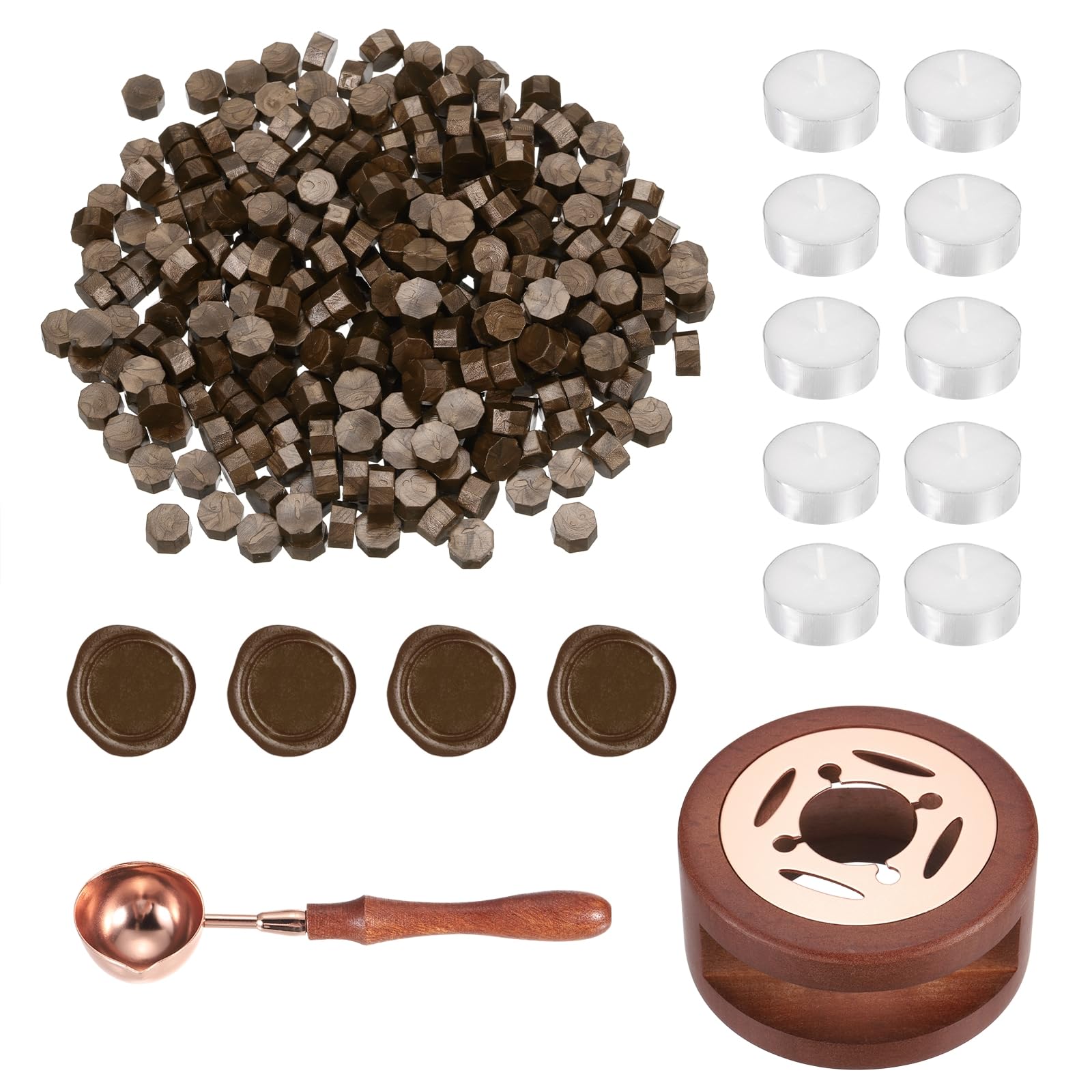 PATIKIL Wax Seal Kit, 300 Pcs Wax Sealing Beads, Wooden Warmer, Melted Spoon, 10 Pcs Tealight Candles for Envelope Letter Mailing Crafts DIY, Brown Coffee