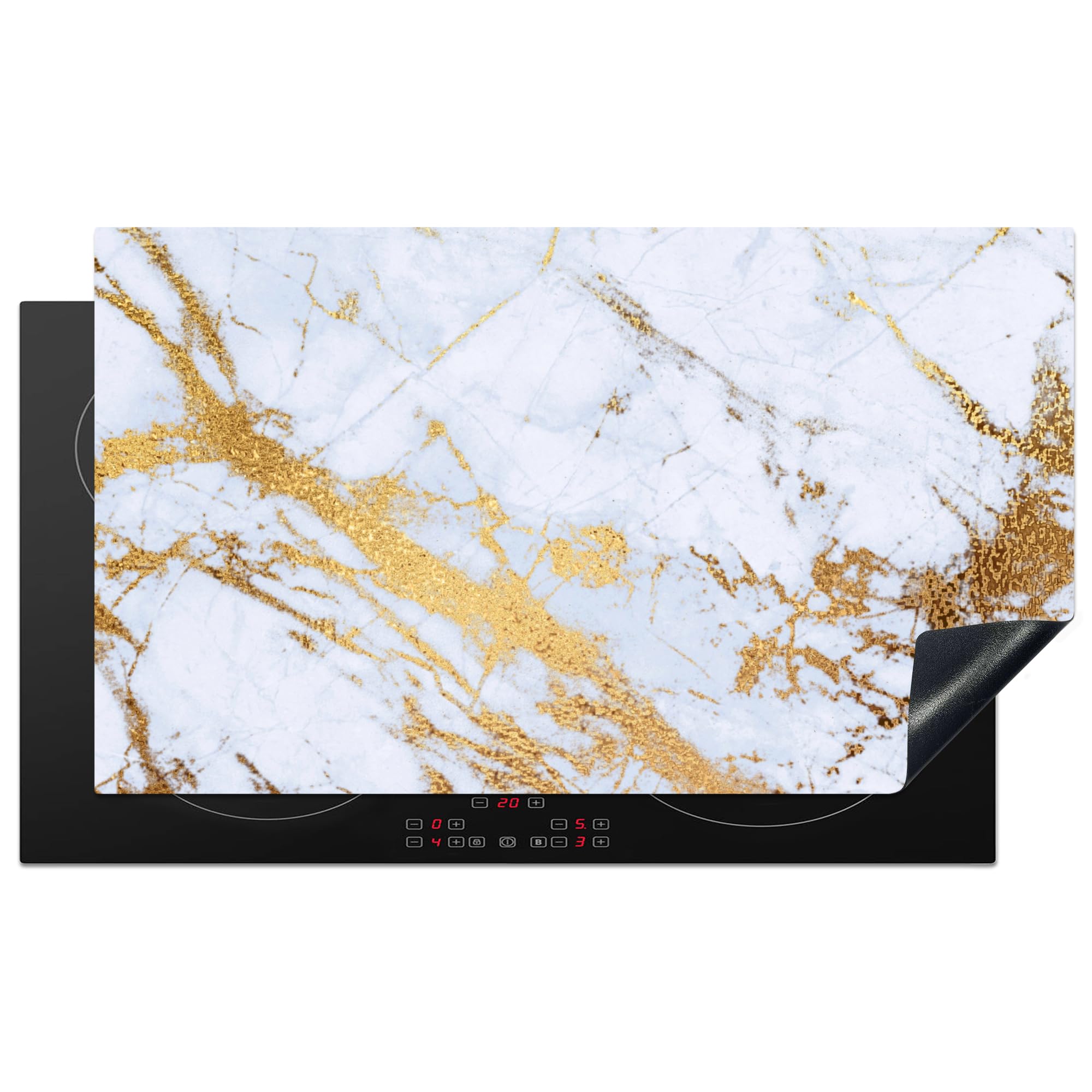 KitchenYeah© Induction Hob Cover Protector Mat 20.5"x35.4" / 90x52 cm Kitchen Universal Ceramic Covers for Electric Cookers Vinyl Marble - Gold - White - Luxury - Marble Look - Glitter — image 1