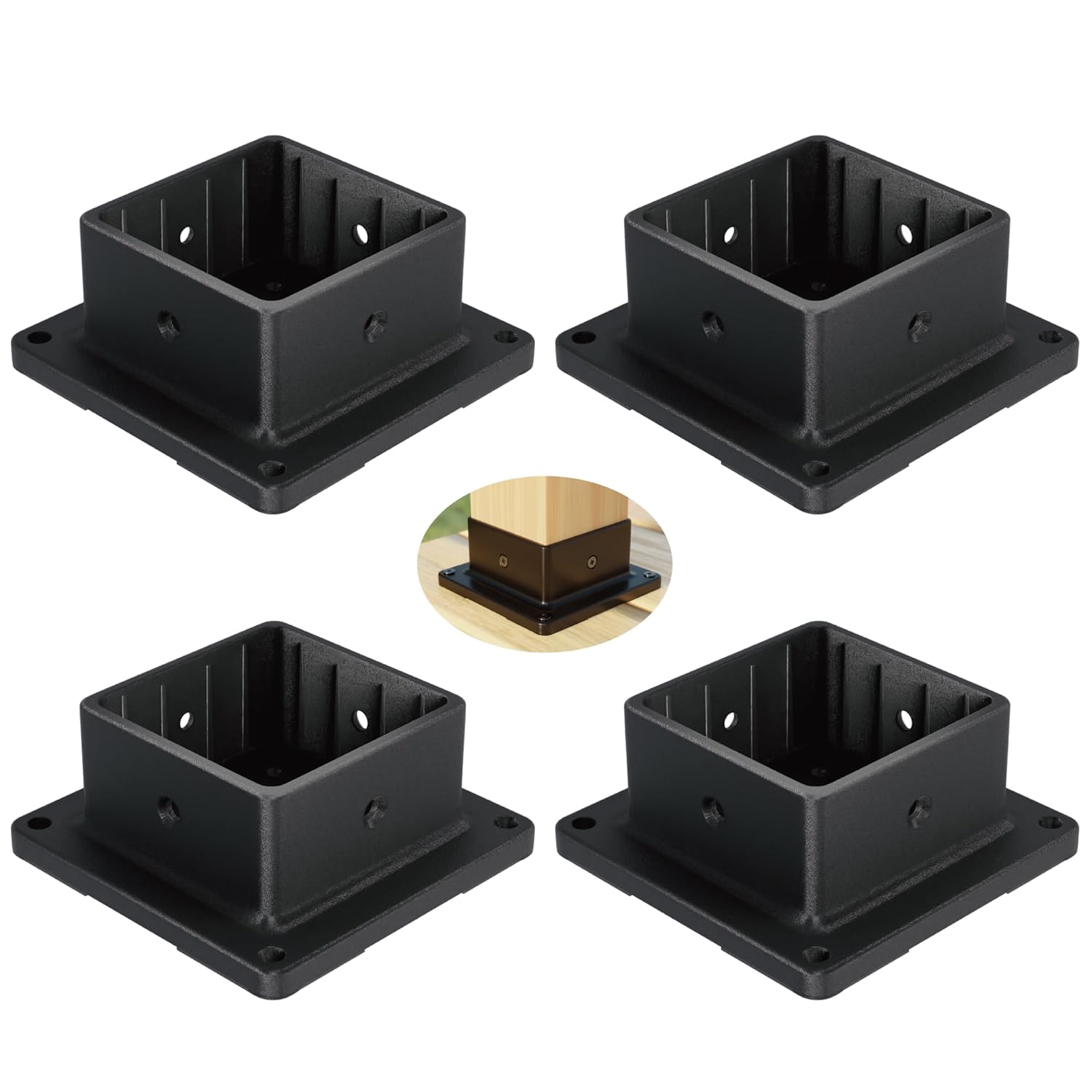 4x4 Post Base Support Kit, 4 Pack Plastic Brackets for Outdoor Wooden Fence, Mailbox, Pergola - Durable Black Powder-Coated