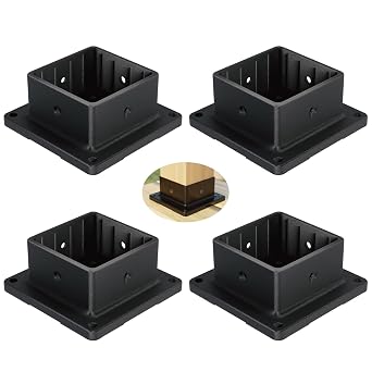 Hillmaster 4x4 Post Base Support Kit, 4 Pack Plastic Brackets for Outdoor Wooden Fence, Mailbox, Pergola - Durable Black Powder-Coated
