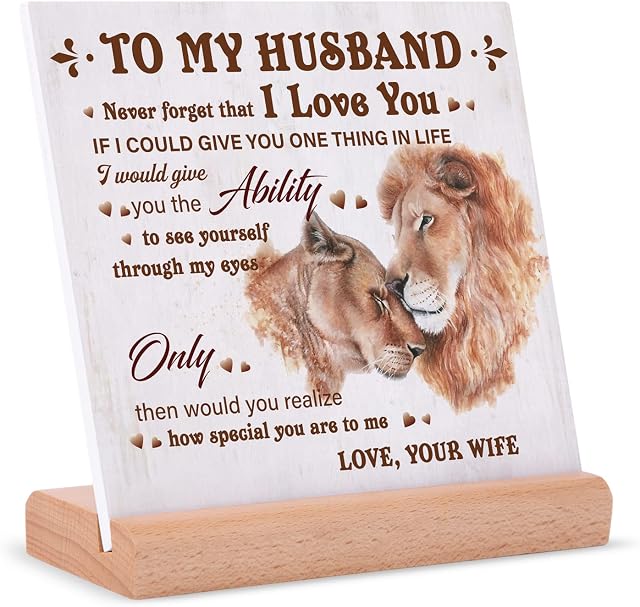 Valentines Card for Husband From Wife, Husband Birthday Card, Husband Gifts for Valentines, Father's Day, Anniversary, Wedding Gifts for Him, Positive Plaque Sign with Wooden Stand for Husband