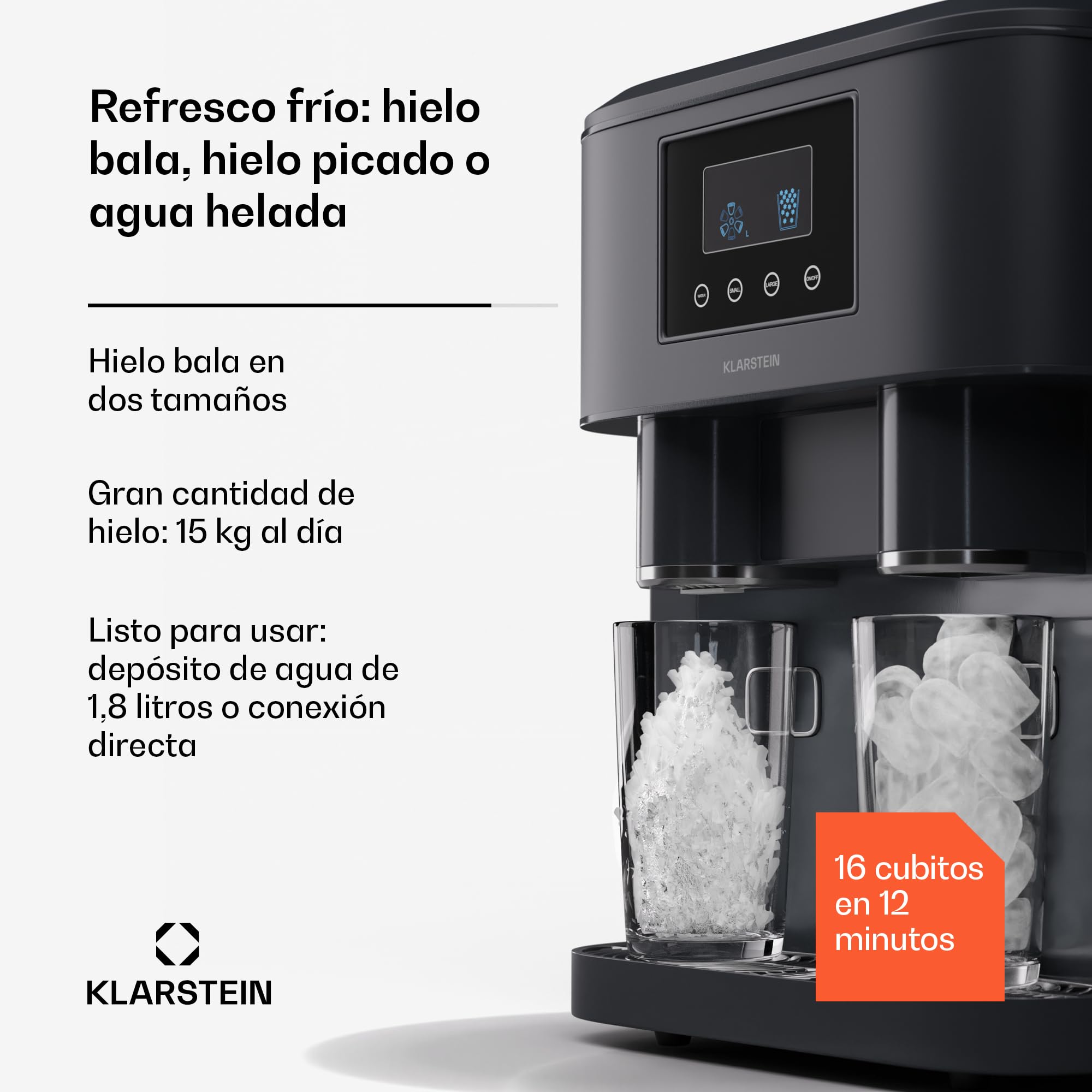 Klarstein Maquina de Hielo para Casa 1,8 L, Ice Maker Capacidad 15 kg, Maquina para Hacer Cubitos de Hielo Encimera Casa Grandes y Pequeños, Ice Maker Machine para Hielos Rápida para Cubito Hielo