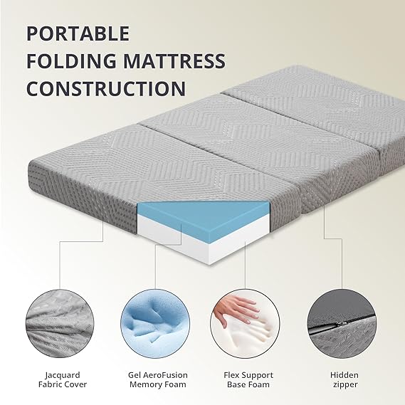 CH Charme House Folding Mattress, 4 Inch Single Tri Folding Memory Foam Mattress for Camping Guest Bed, Washable Cover & Non-Slip Bottom, 75 x 25 x 4, Grey