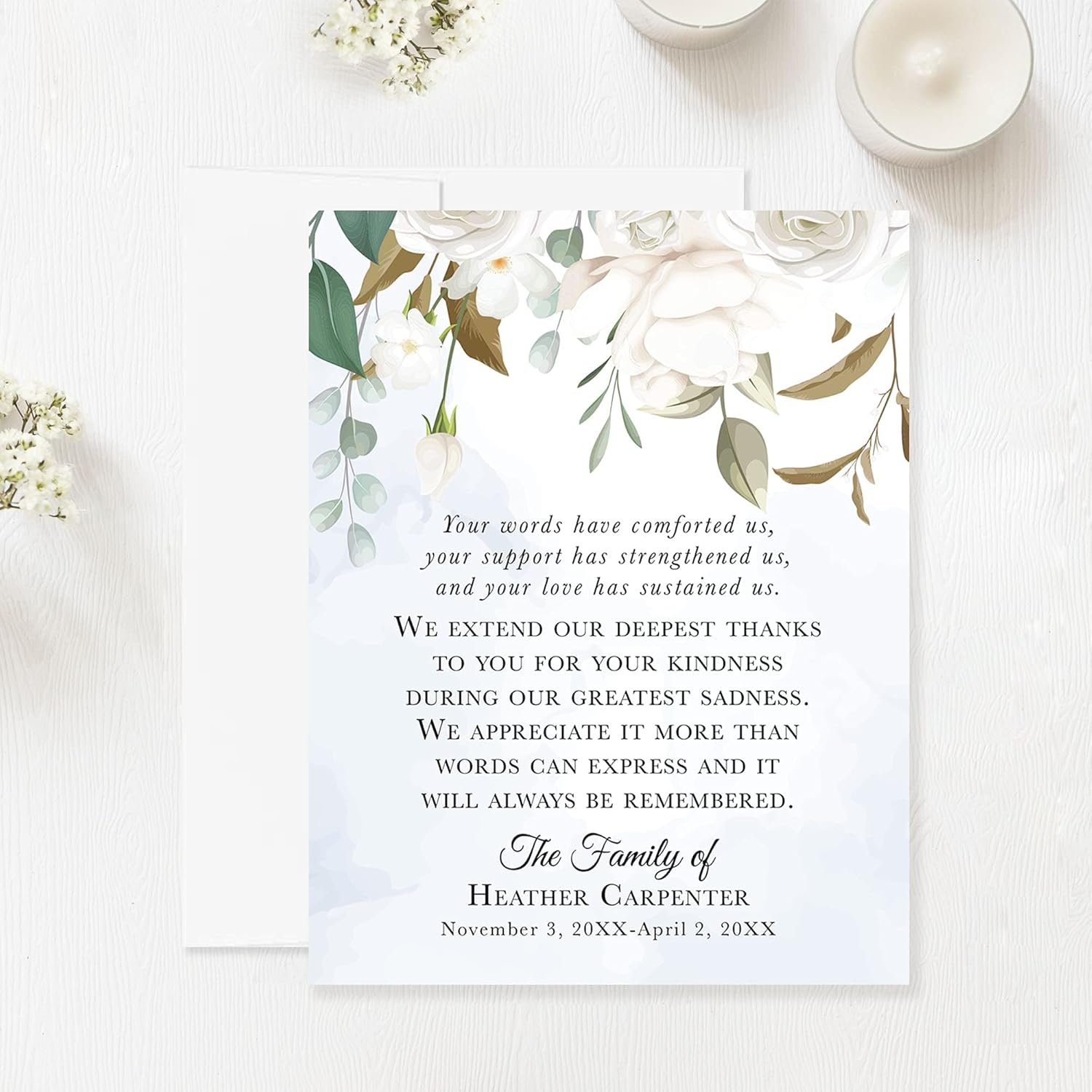 White Floral and Greenery Funeral Thank You Cards, Sympathy Acknowledgement Cards, 4.25x5.5 Flat Bereavement Notes with Envelopes - Image 4
