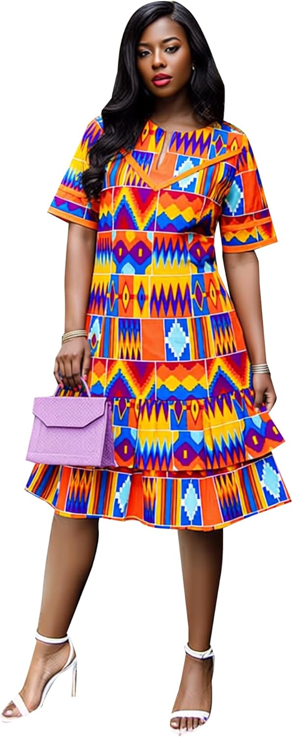 BAZINRICHE African Dresses for Women Bazin Riche Ankara Clothing Short Sleeve Dress Wax Print - Image 3