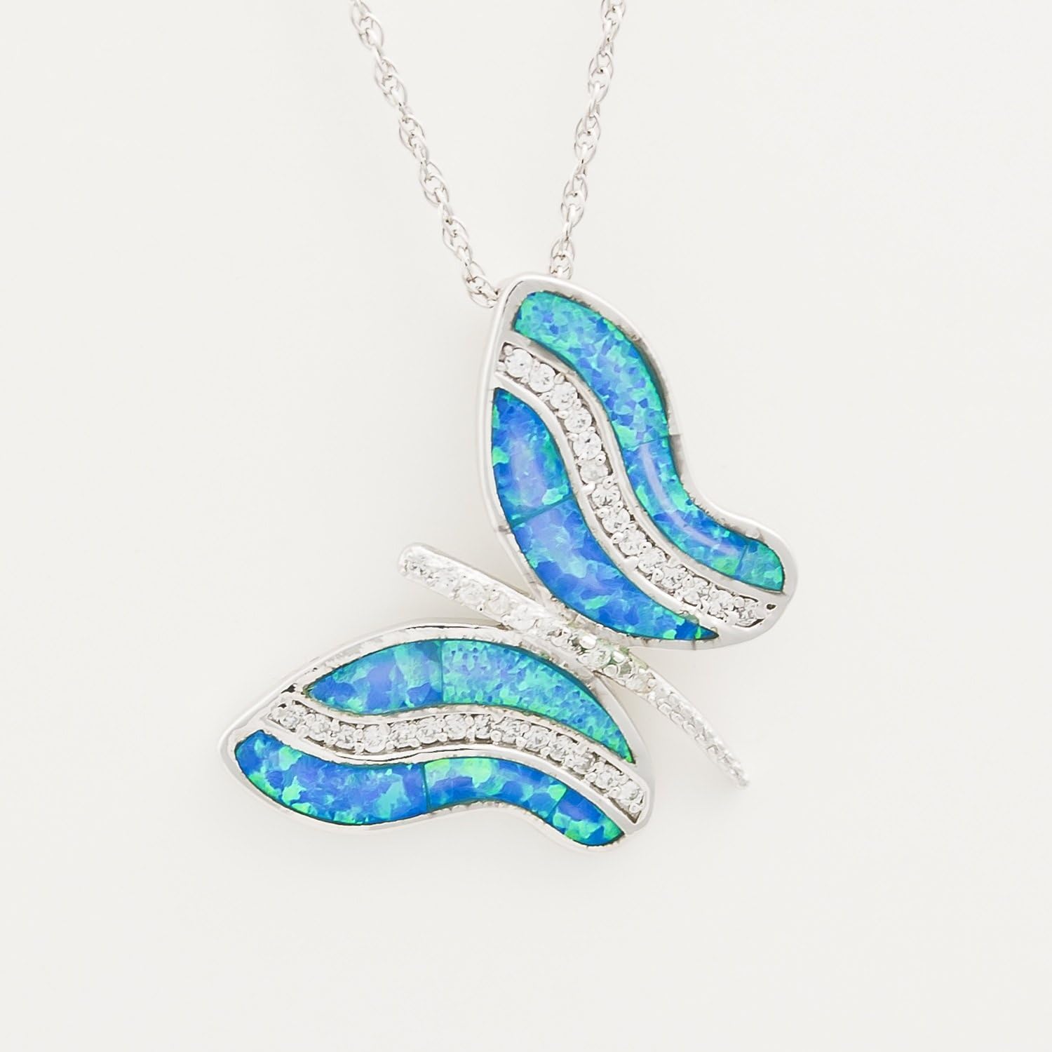 RHODIUM PLATED STERLING SILVER LAB OPAL & CZ BUTTERFLY PENDANT WITH 18" ROPE CHAIN. INCLUDES GIFT BOX.