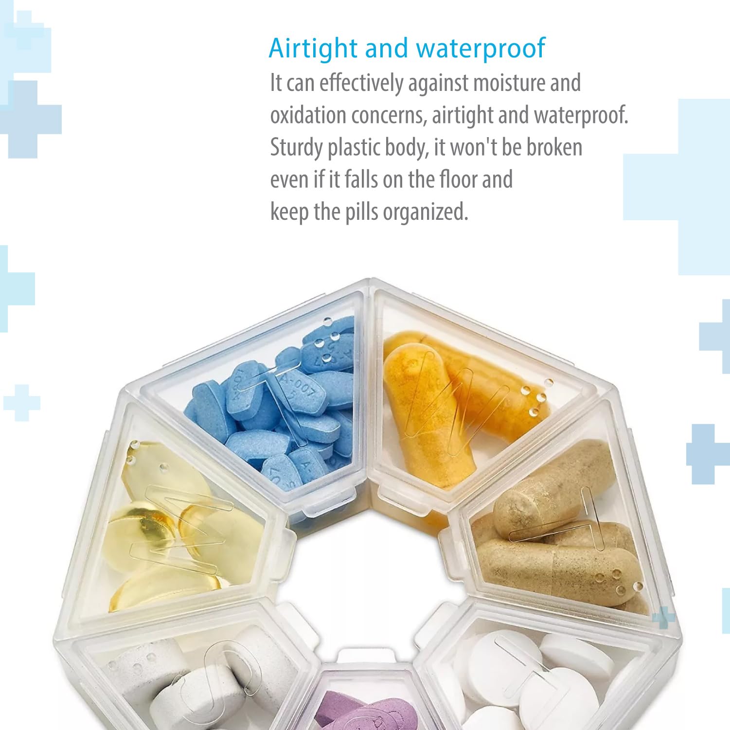 Scatola portapillole portatile a 7 lati per medicinali, piccolo contenitore (sette giorni settimanali) per farmaci, vitamine, contenitore per dispenser, organizer per pillole e promemoria.
