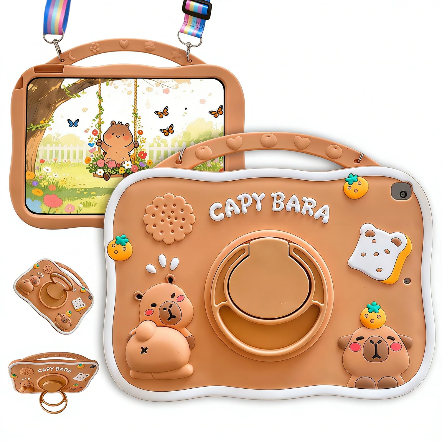 Photo 1 of YOUSIDUN Capybara Kids Case for iPad 9th Gen(2021) / 8th Gen(2020) / 7th Gen(2019) 10.2 Inch,3D Cute Silicone Cartoon Cover for Boys with Rotating Stand, Adjustable Strap- Beige