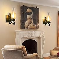 Vista 2 de Juego de dos apliques de pared rústicos, lámpara de pared de granja negra cableada en interiores, lámparas de pared retro con vidrio ámbar, apliques