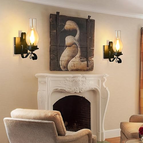 Miniatura 2 de Juego de 2 apliques de pared rústicos, apliques de pared negros cableados para interiores, lámparas de pared retro con vidrio ámbar, apliques de