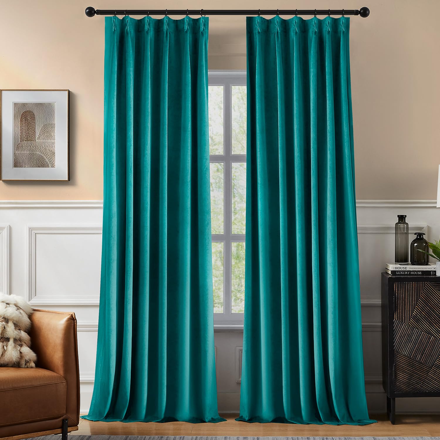 Pinch Pleated Blackout Curtains for Bedroom, Teal Velvet Curtains for Living Room, Black Out Curtain 52x84  inch Long Room Darkening, Blackout Pinch Pleatd Drapes with Hooks 2 Panels