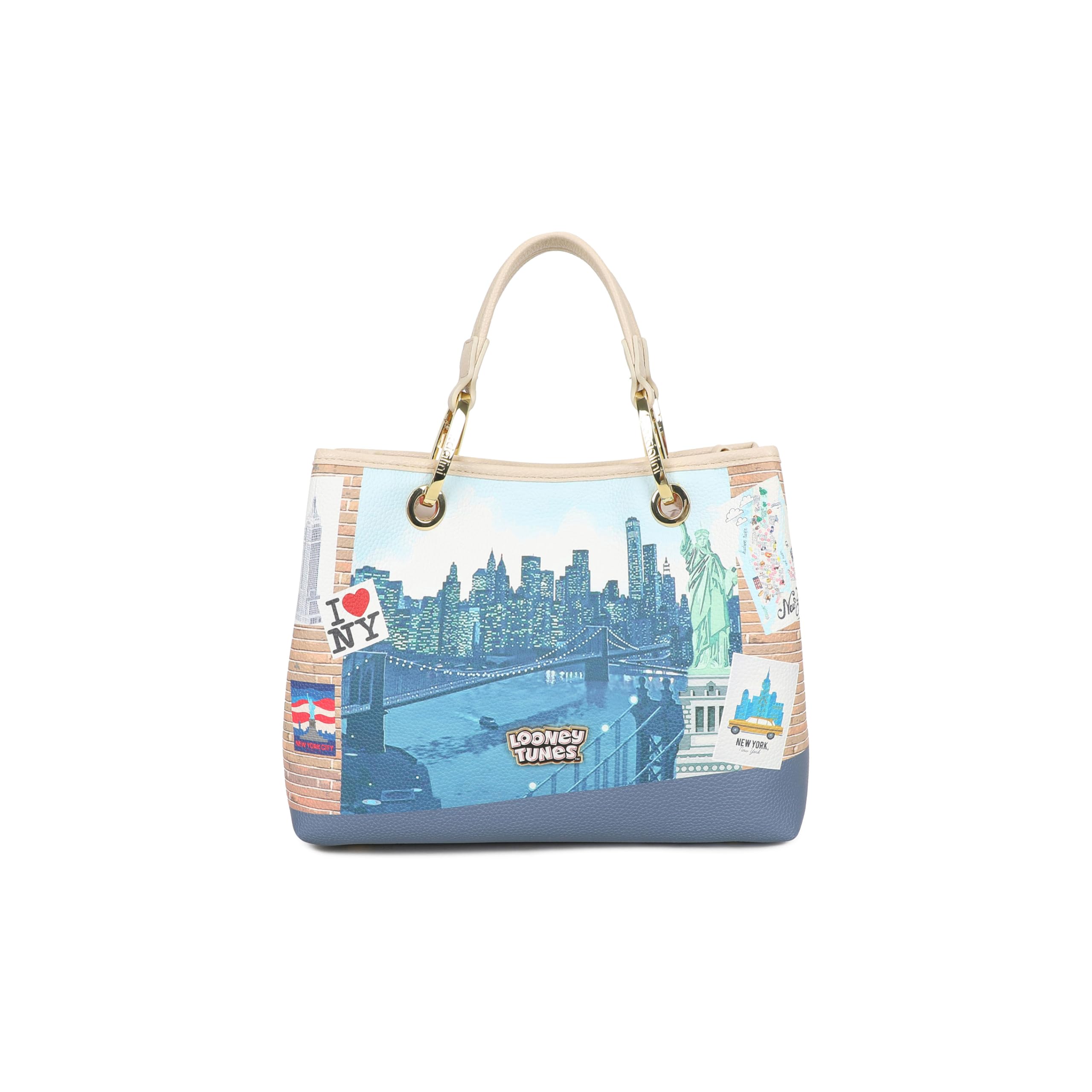 Braccialini Postales Lt Bolso de mano de piel sintética con asas dobles y correa ajustable y extraíble, para una doble portabilidad cómoda y versátil. El estampado vibrante inspirado en Nueva York