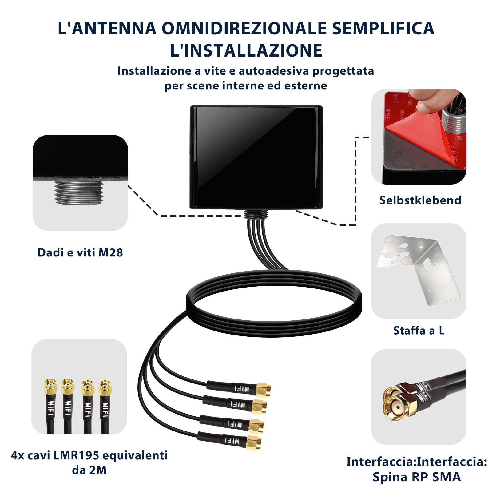 Maswell Antenna WiFi Outdoor 4X4 MIMO, Omni 2.1-7.2GHz Wi-Fi Router Antenna esterna per camper WiFi 6E/7 Bluetooth IoT ZigBee WiMax, prolunga cavo equivalente LMR195 con RP-SMA