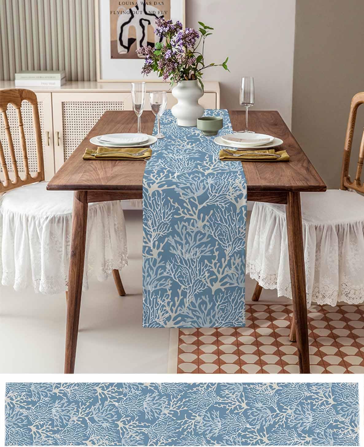 Blue Coral Coastal Table Runner - 120 Inch Long Ocean Nautical Seaside Beach Cotton and Linen Blended Dress Scarves Farmhouse Table Runner for Kitchen Dining, Coffee Table, 13" x 120"