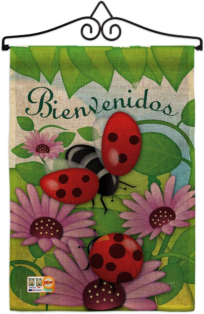 Bienvenidos Tortolitas Burlap Garden Flag Friends Butterfly Ladybugs Dragonfly Bee Springtime Insect Natural Wildlife Small Decorative Gift Yard House Banner Double-Sided Made In USA 13 X 18.5