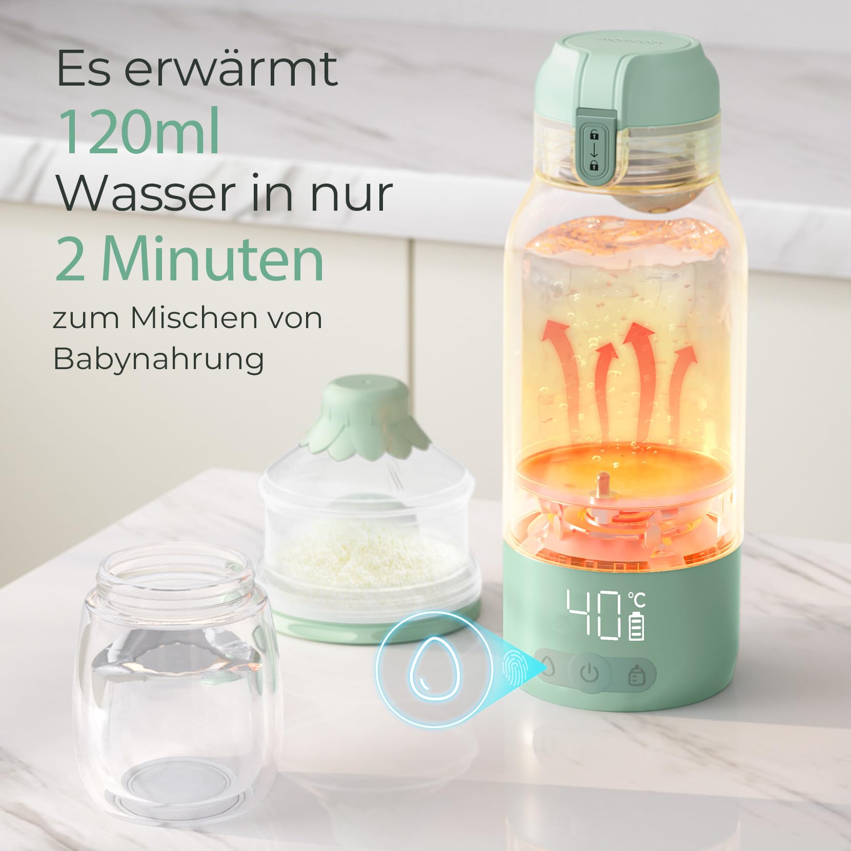 Momcozy MW05 Tragbarer Flaschenwärmer Baby für unterwegs, 500ml Kapazität + 24x Nutzung/Akku | 2 Heizmodi für Muttermilch & Wasser | Schnellaufheizen in 3 Min.
