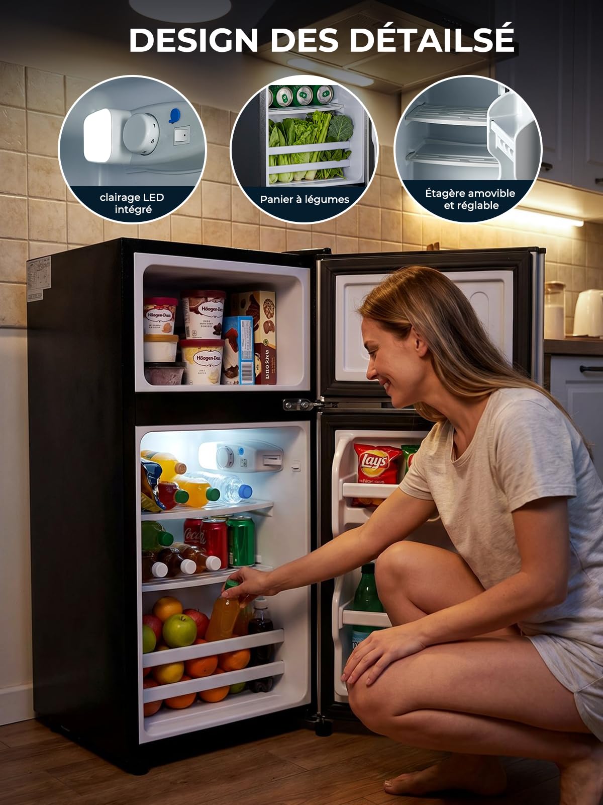 FOHERE Mini Réfrigérateur avec Congélateur 76L, Petit Frigo Silencieux 2 Portes (50L+26L) pour Chambre Universitaire et Studio, Mini Bar Autonome Économe en Énergie pour Boisson et Glaçons, 43dB