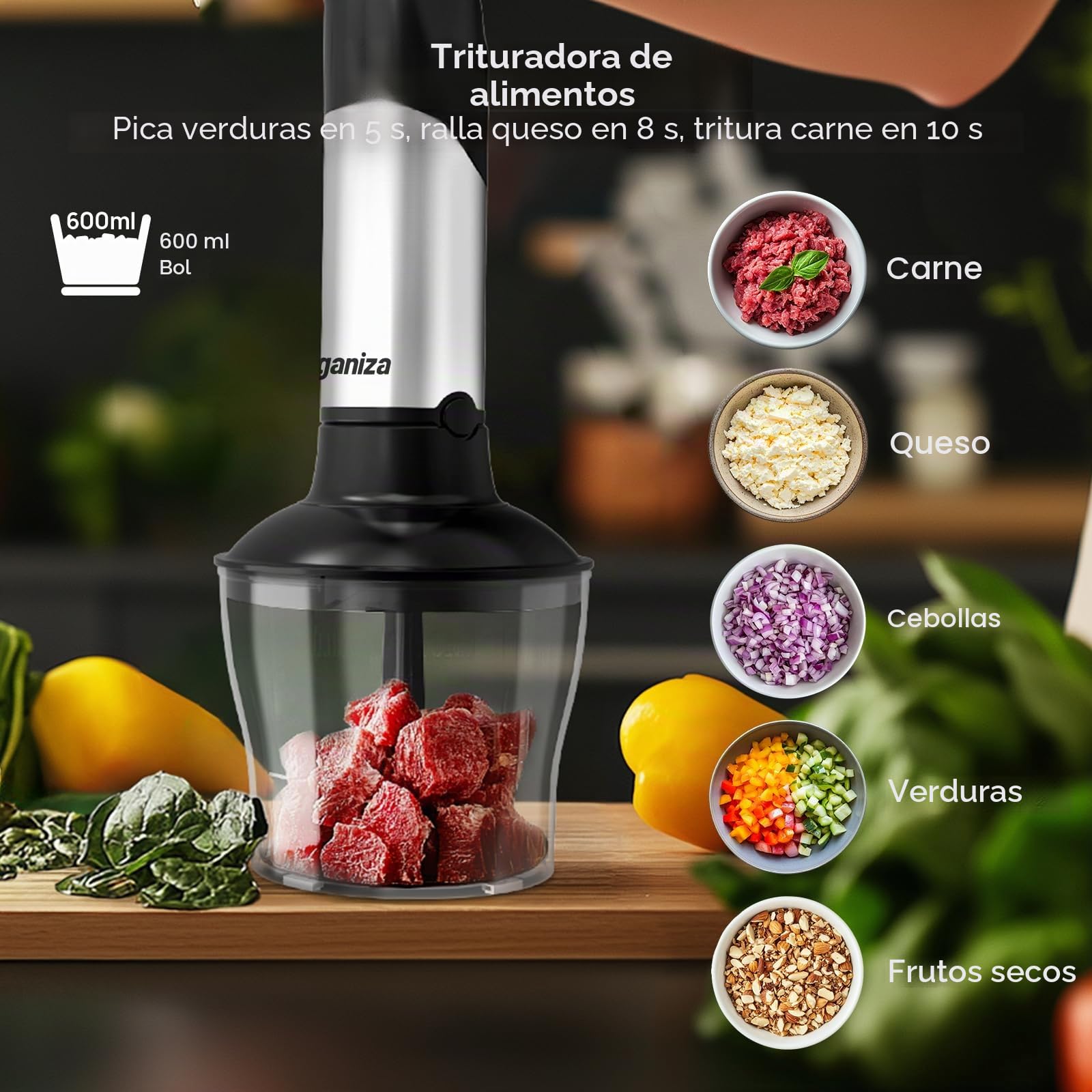 Ganiza Batidora de mano eléctrica 10 en 1, potente batidora de 1200 W con control de velocidad y botón TURBO, Multifunción picadora con doble espumador de leche, para preparar salsas y batidos