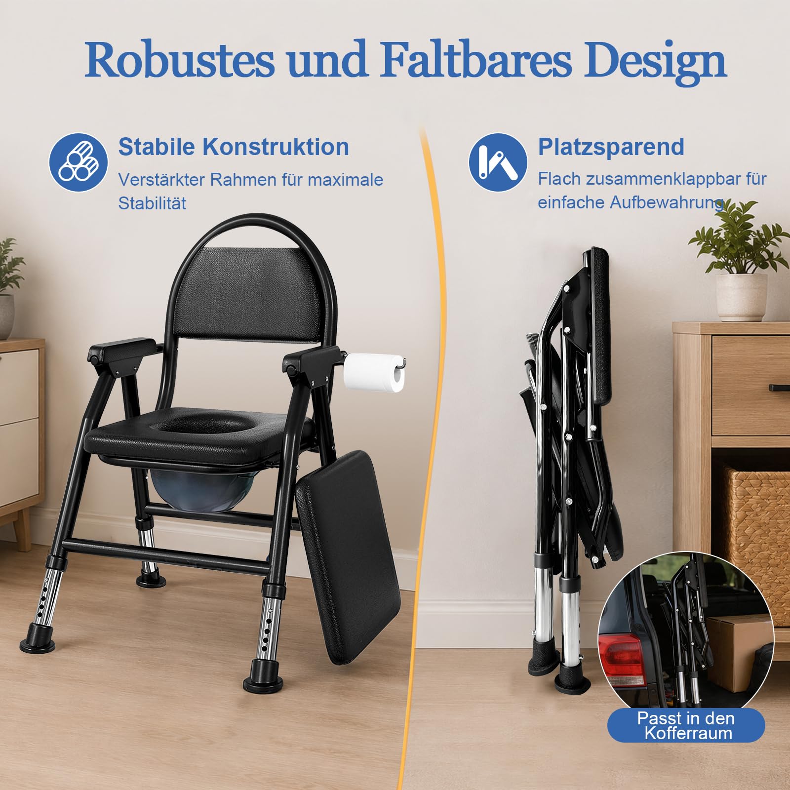 NJUN Toilettenstuhl Klappbar mit Eimer, Kompakter Nachtstuhl für Senioren Höhenverstellbar, WC Stuhl Bett mit Gepolstert für Schlafzimmer Pflege, Stabil Bis 200 kg